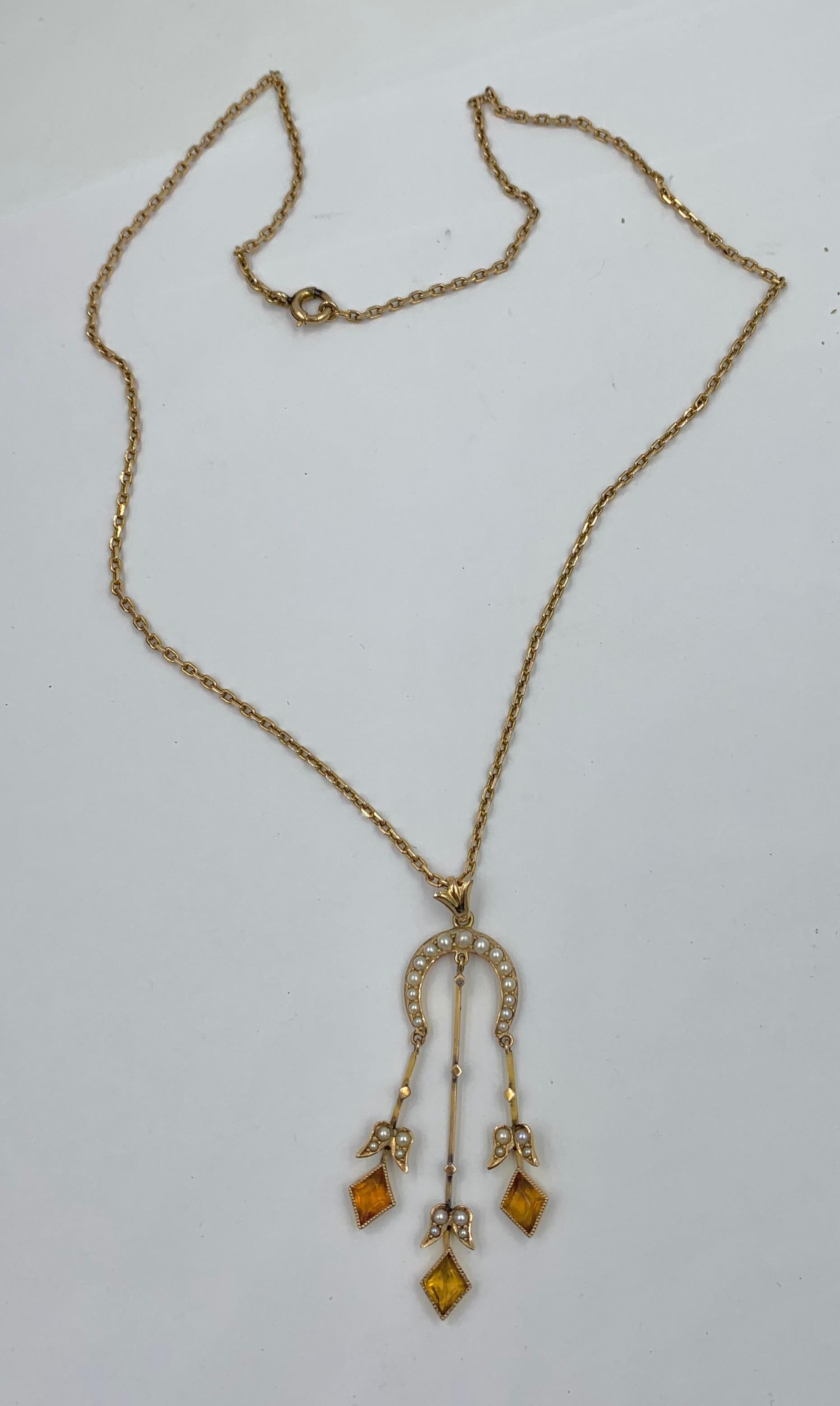 Women's Citrine Pearl Art Deco Pendant Lavalier Necklace Antique Gold Fisher Co. For Sale
