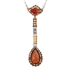 Collier pendentif lavallière Art déco en or rose, platine, perles, citrine et diamants