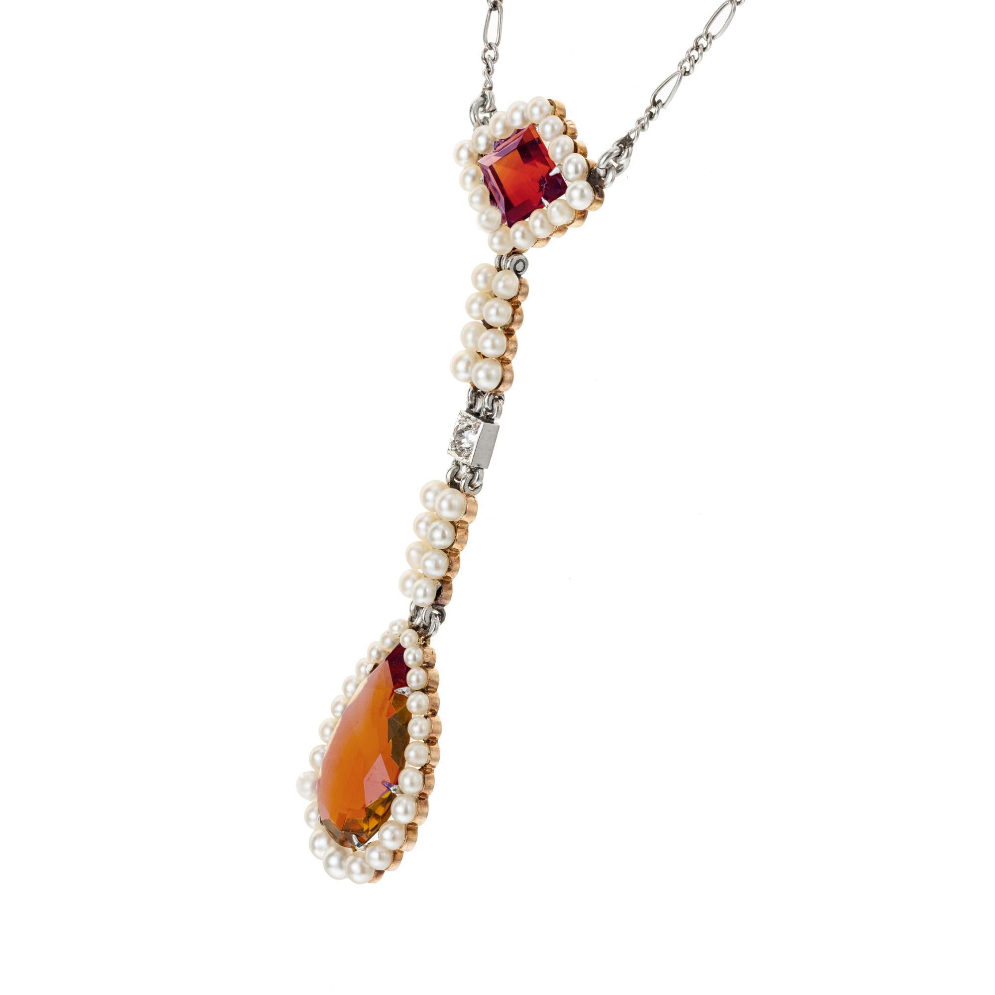 Pear Cut Citrine Pearl Diamond Rose Gold Platinum Lavaliere Art Deco Pendant Necklace For Sale