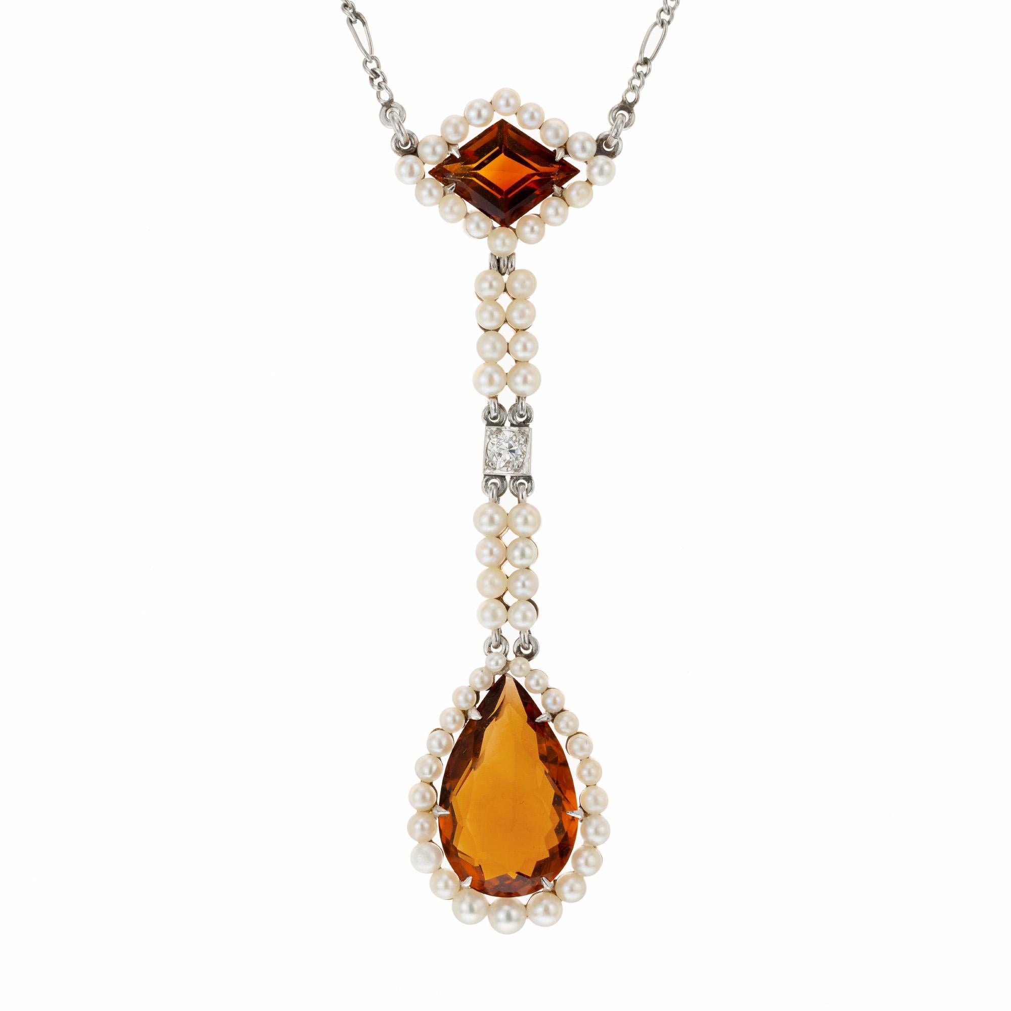 Women's Citrine Pearl Diamond Rose Gold Platinum Lavaliere Art Deco Pendant Necklace For Sale