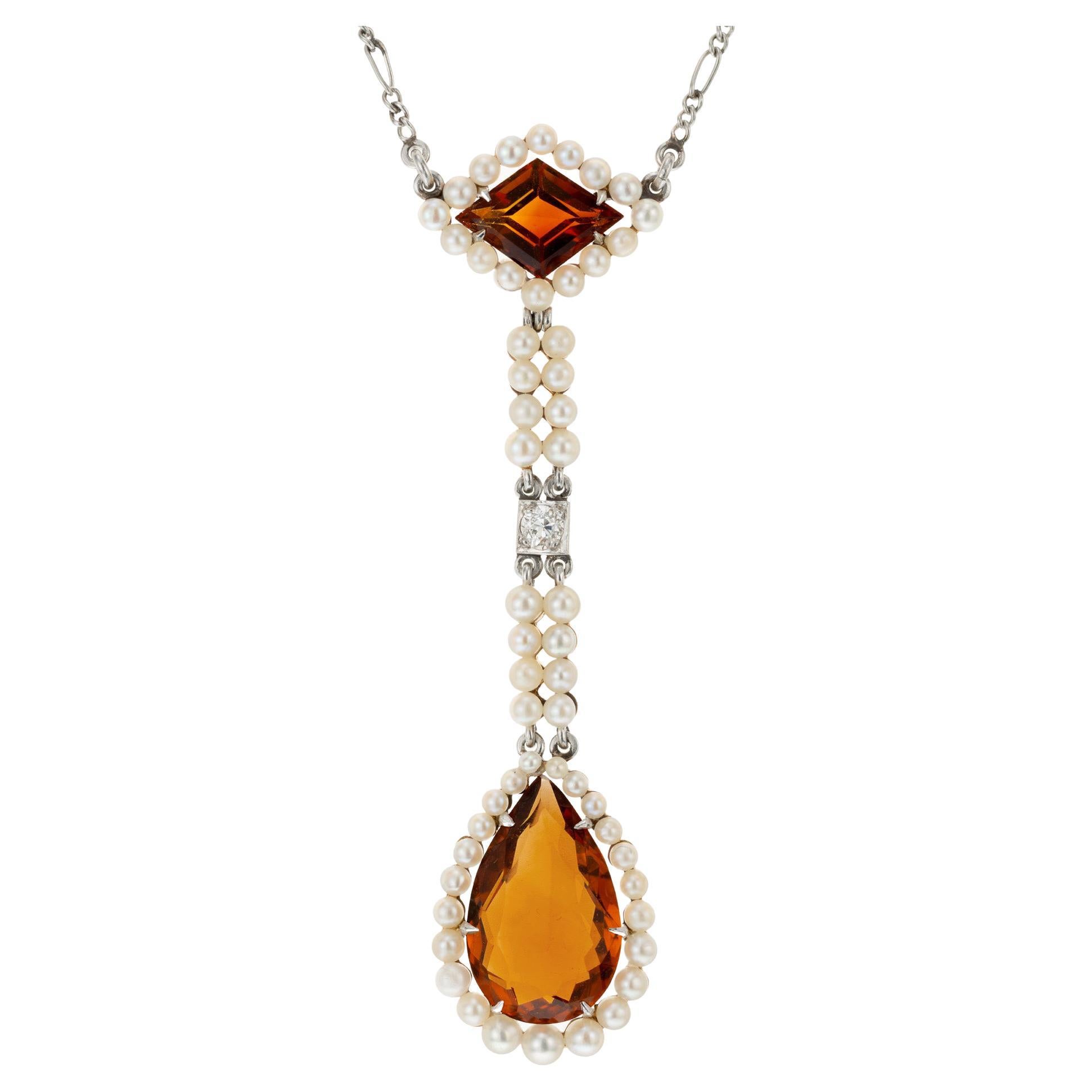 Citrine Pearl Diamond Rose Gold Platinum Lavaliere Art Deco Pendant Necklace