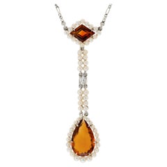 Antique Citrine Pearl Diamond Rose Gold Platinum Lavaliere Art Deco Pendant Necklace