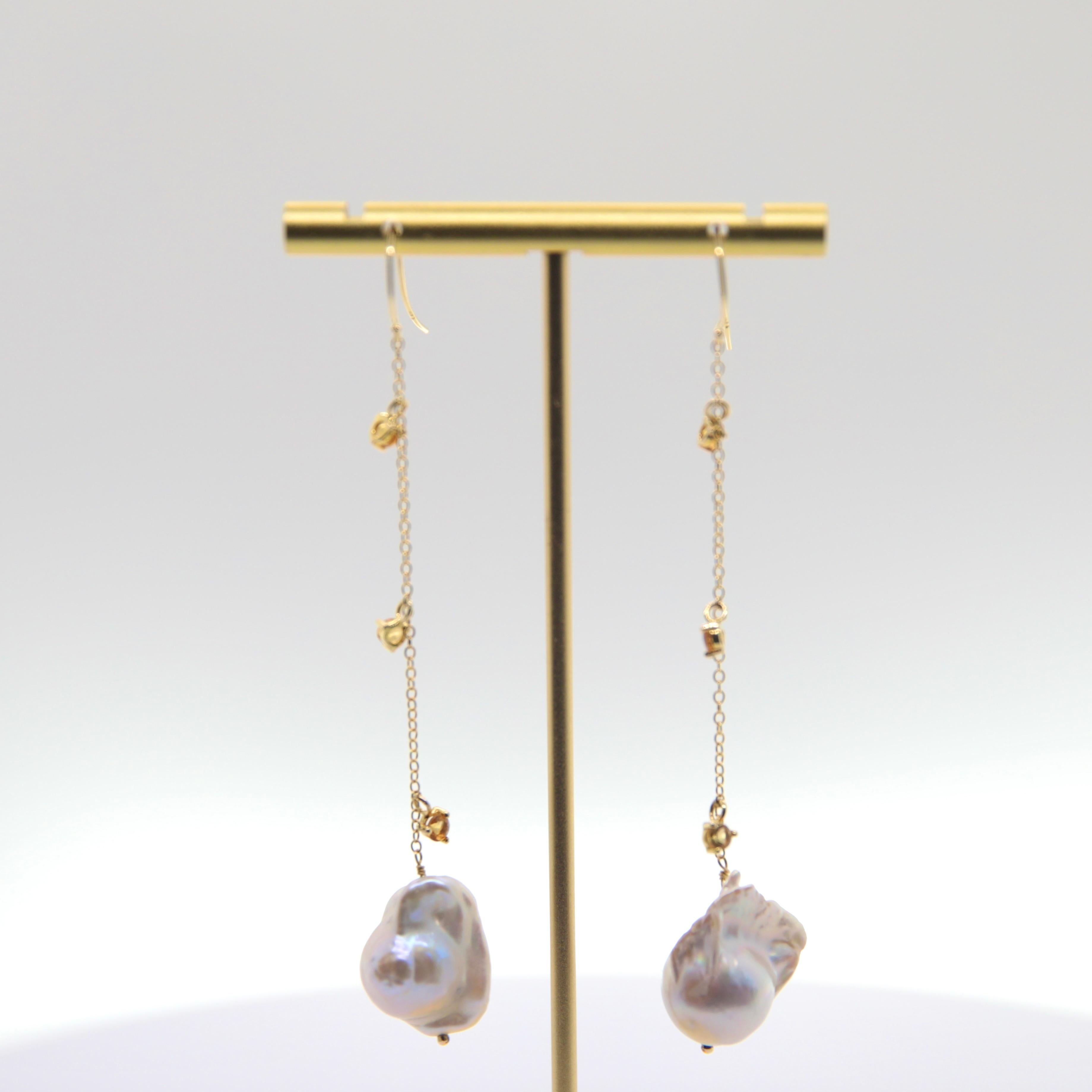 Round Cut Citrine Pearl Drop Chain Earring For Sale