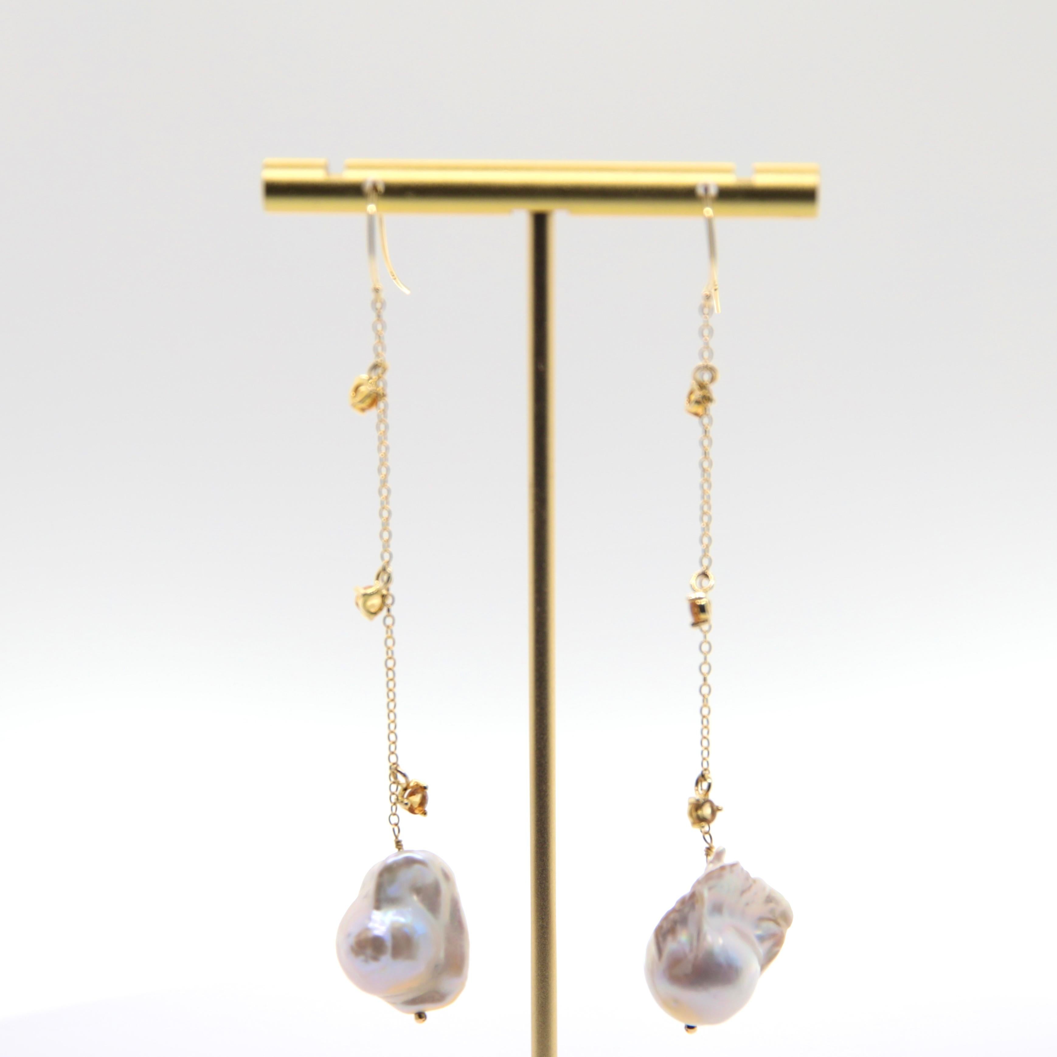 Citrine Pearl Drop Chain Earring In Excellent Condition For Sale In New York, NY