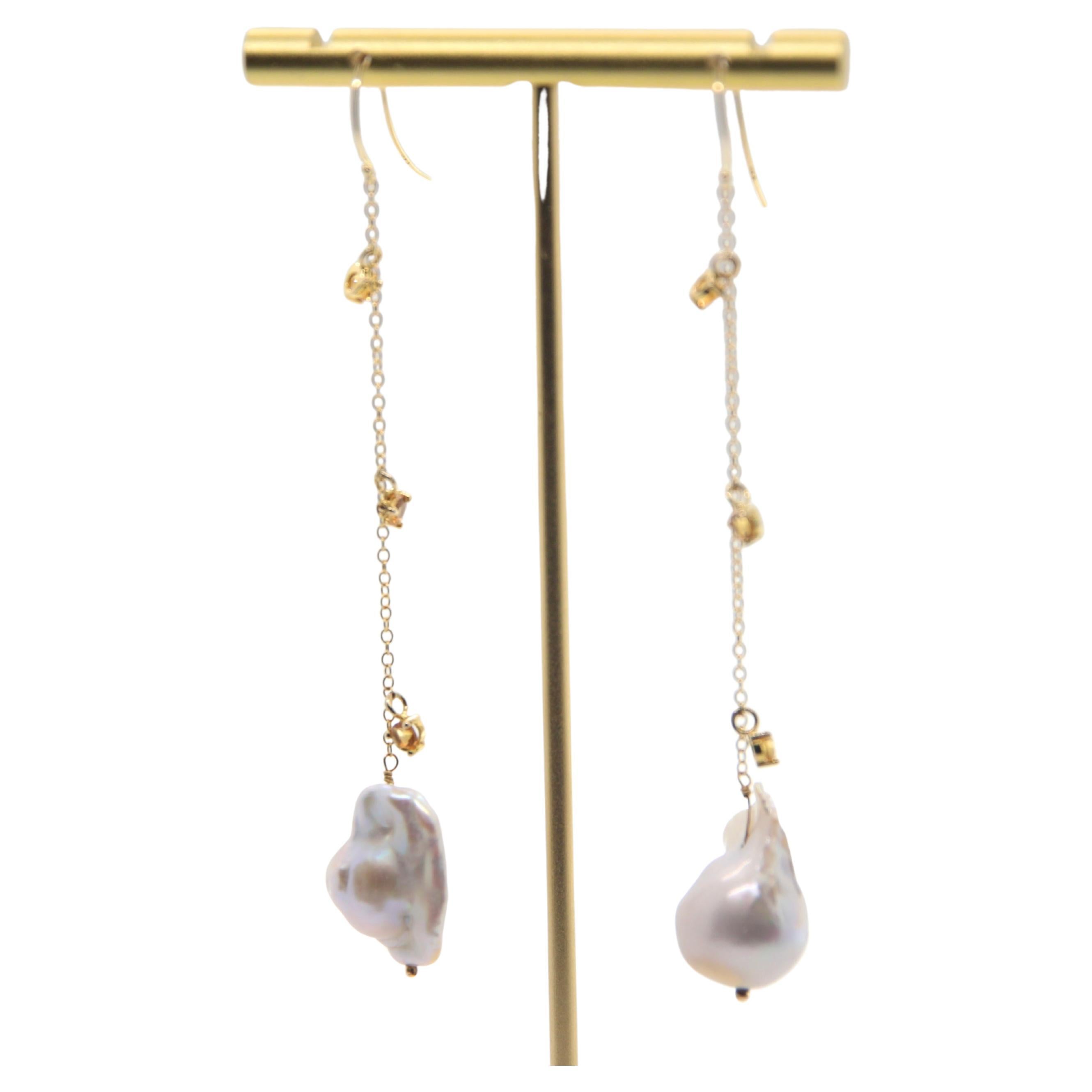 Citrine Pearl Drop Chain Earring For Sale