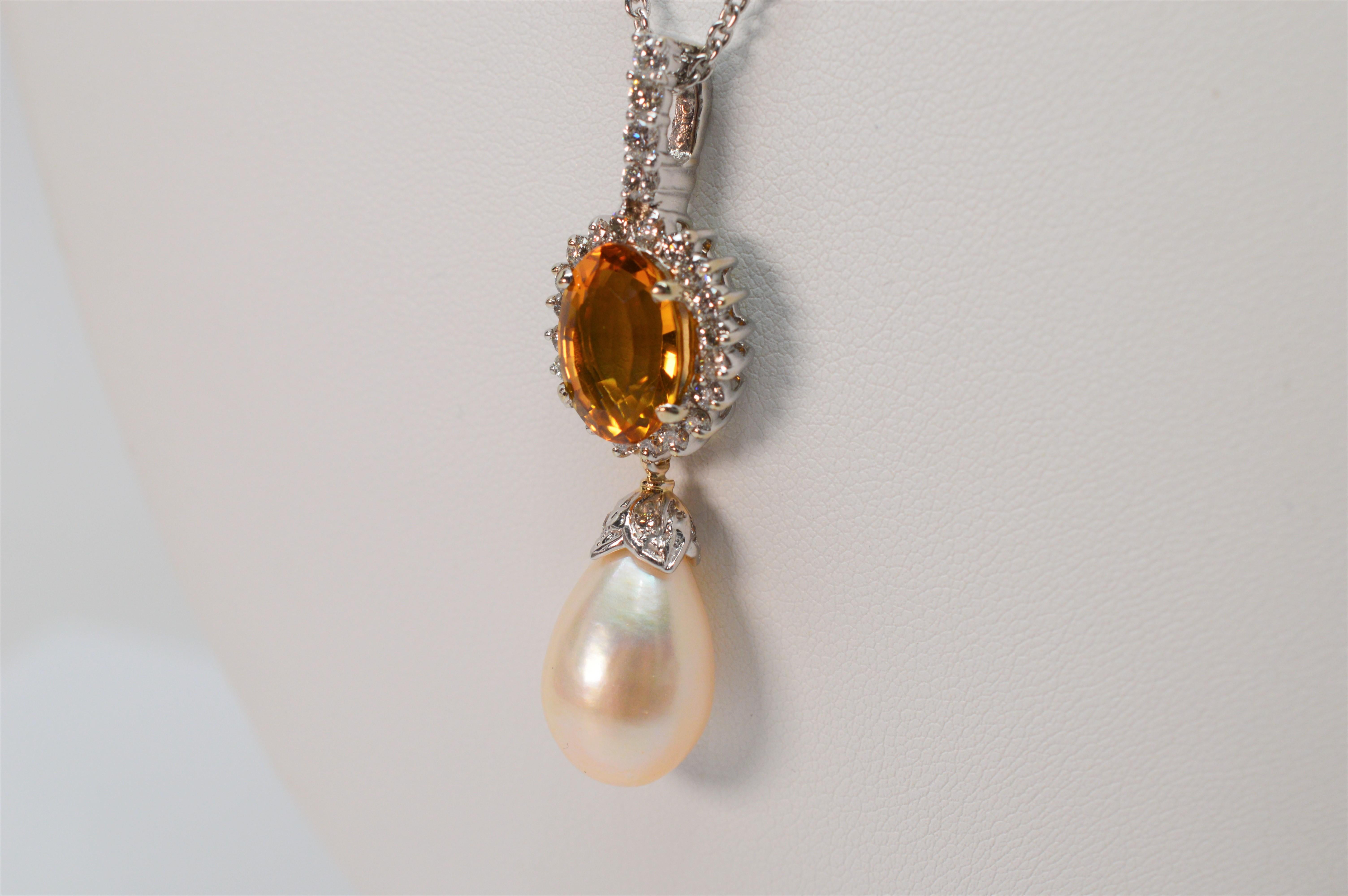 Women's Citrine Pearl Tear Drop 14K White Gold Pendant Necklace  For Sale