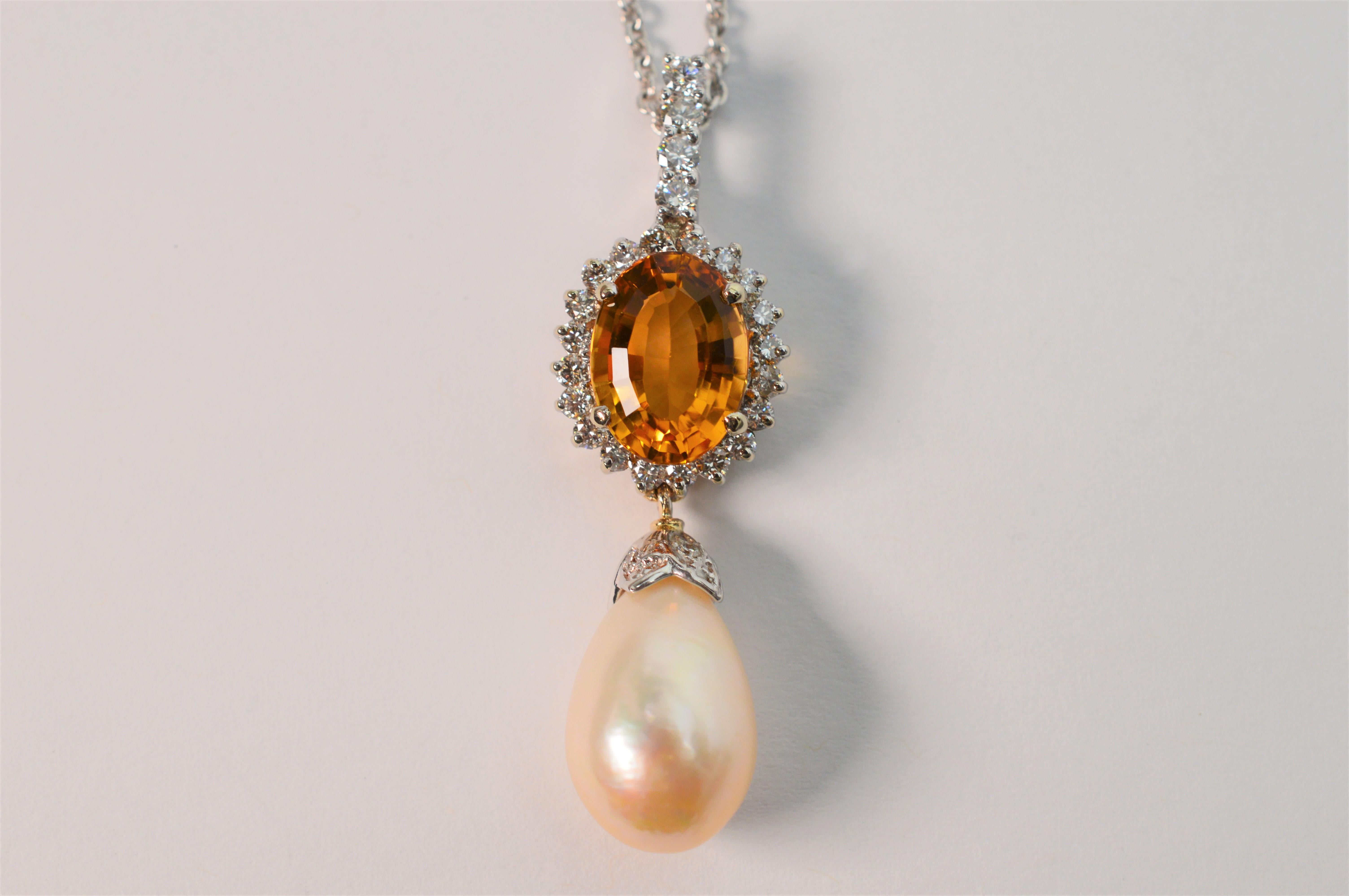 Citrine Pearl Tear Drop 14K White Gold Pendant Necklace  For Sale 1