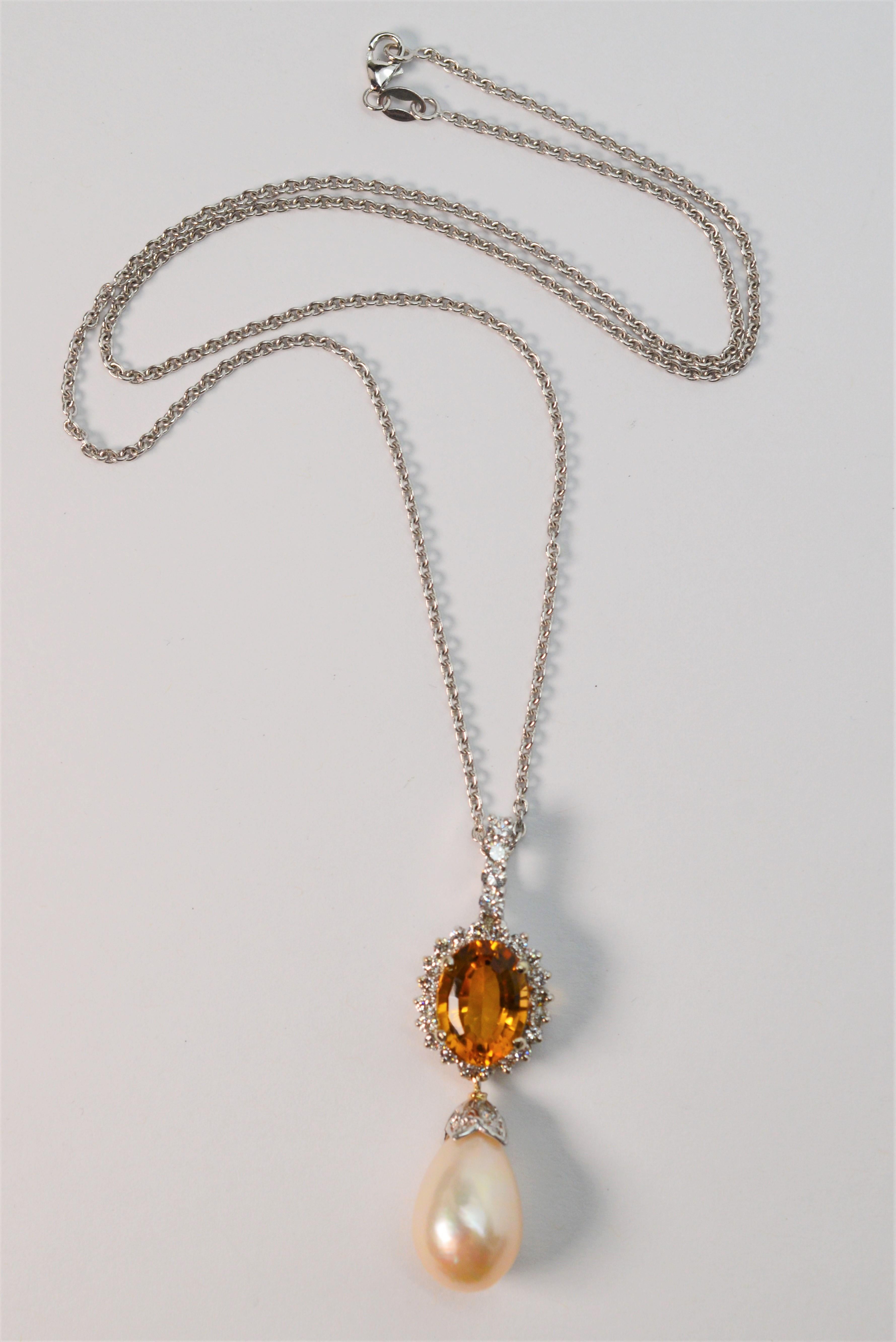 Citrine Pearl Tear Drop 14K White Gold Pendant Necklace  For Sale 2