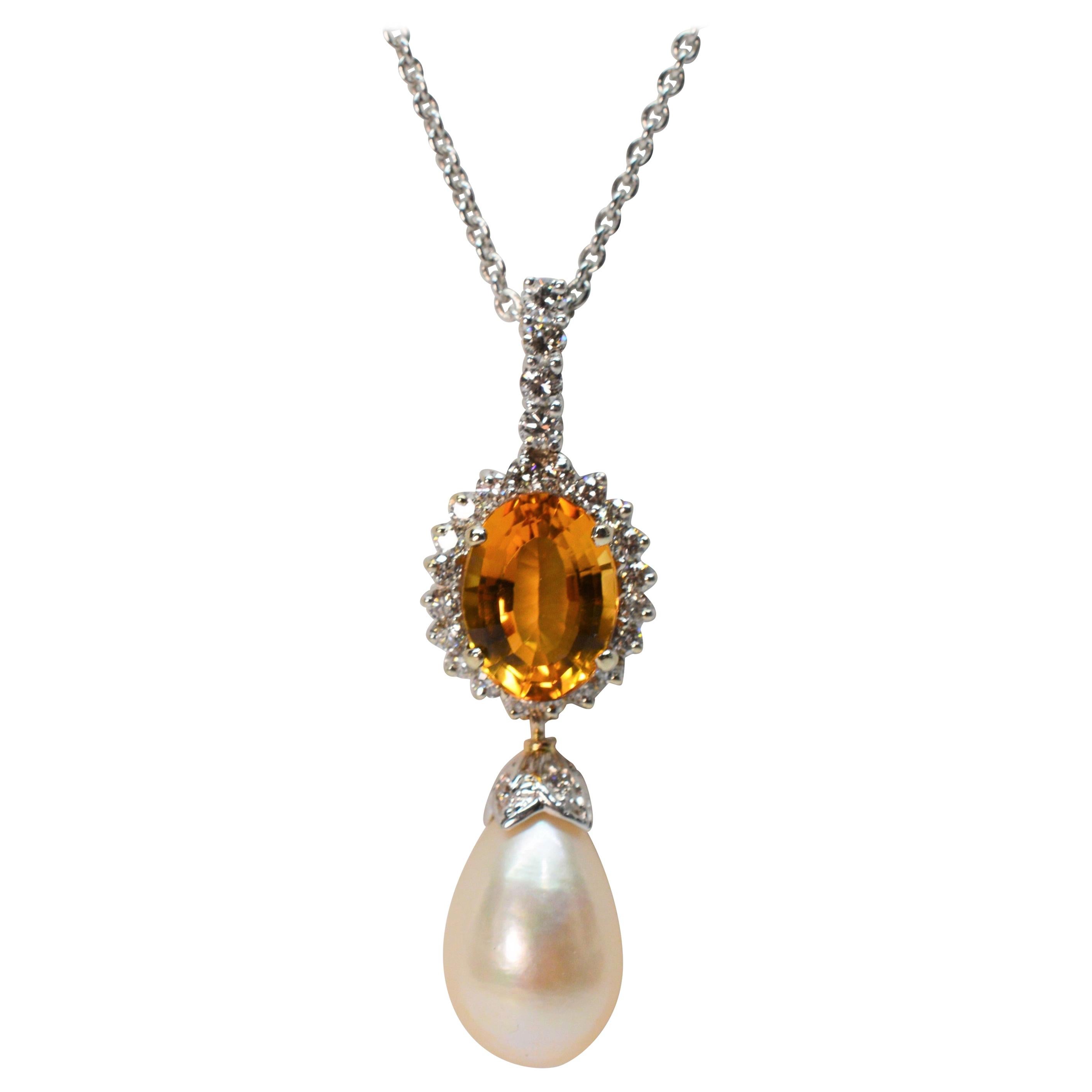 Citrine Pearl Tear Drop 14K White Gold Pendant Necklace 