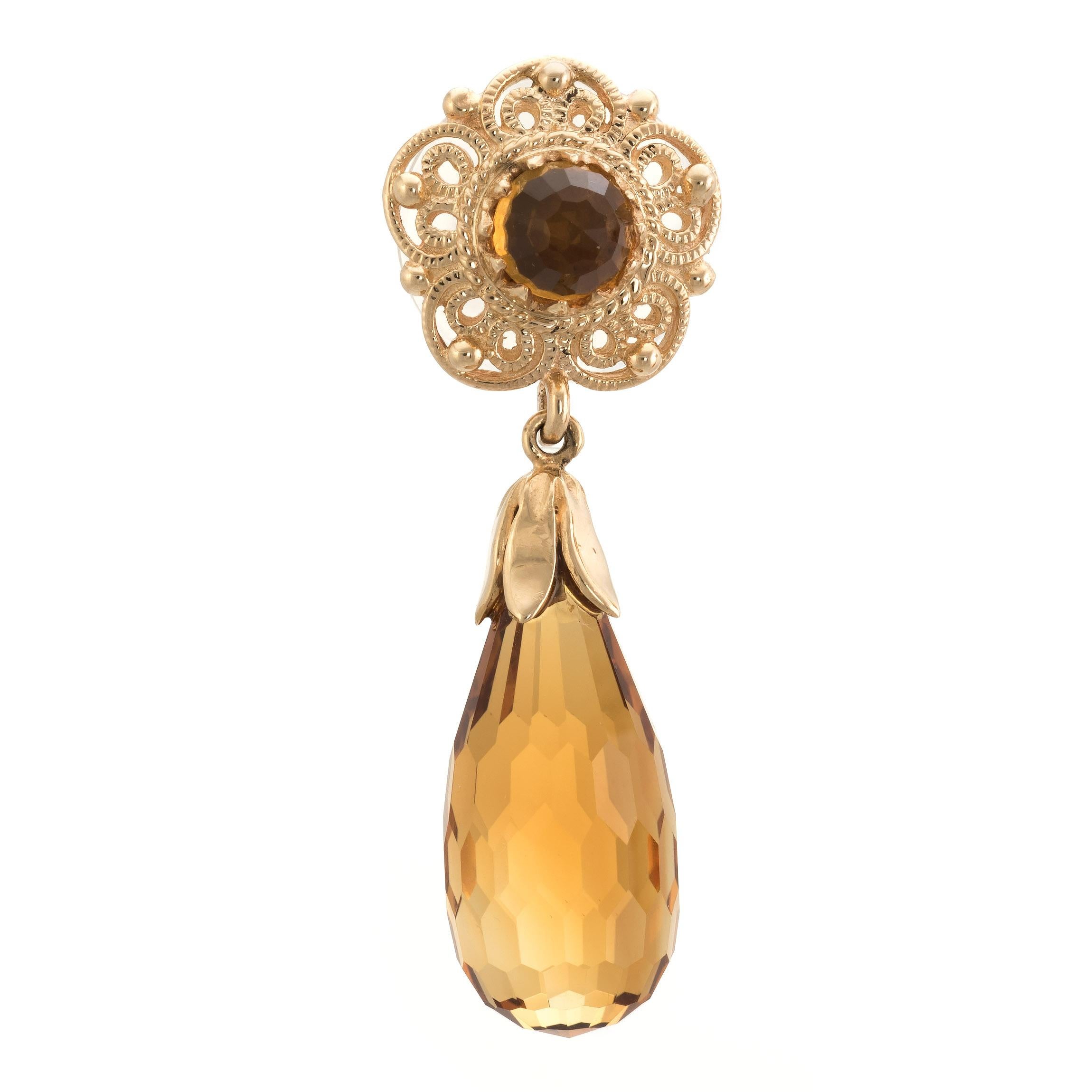 Citrine Pendant Drop Earrings Vintage 14 Karat Yellow Gold Estate Fine Jewelry In Excellent Condition In Torrance, CA