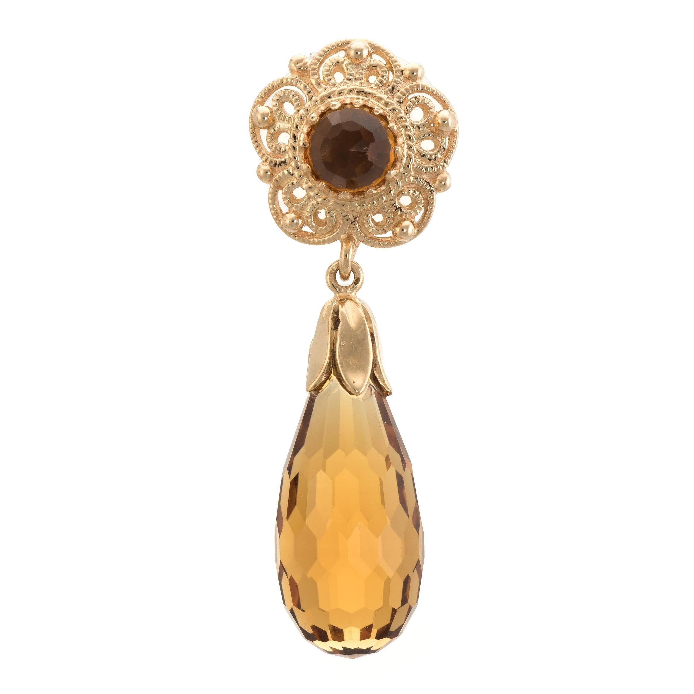 Women's Citrine Pendant Drop Earrings Vintage 14 Karat Yellow Gold Estate Fine Jewelry