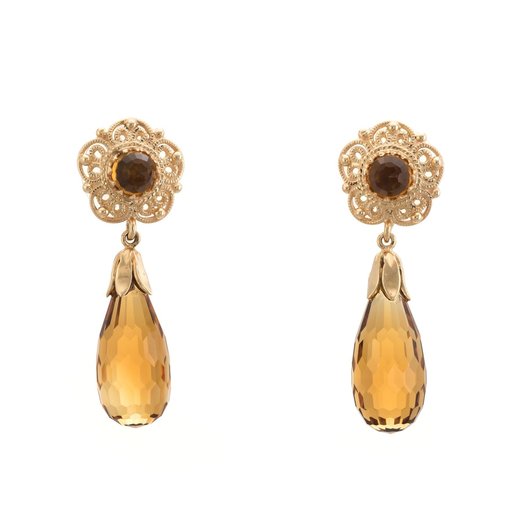 Citrine Pendant Drop Earrings Vintage 14 Karat Yellow Gold Estate Fine Jewelry