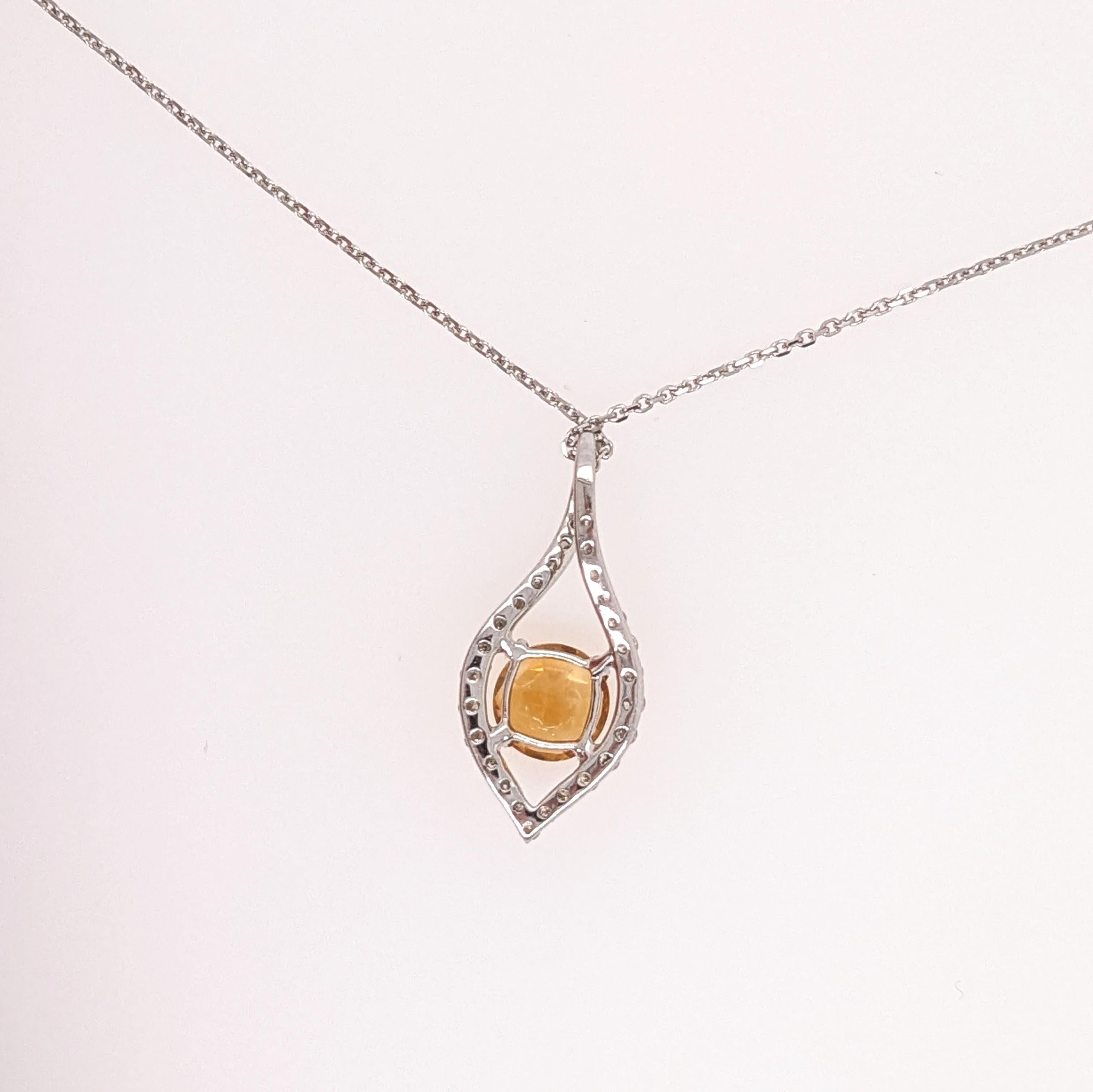 Modern Citrine Pendant w Earth Mined Diamonds in Solid 14K White Gold Round 5mm For Sale