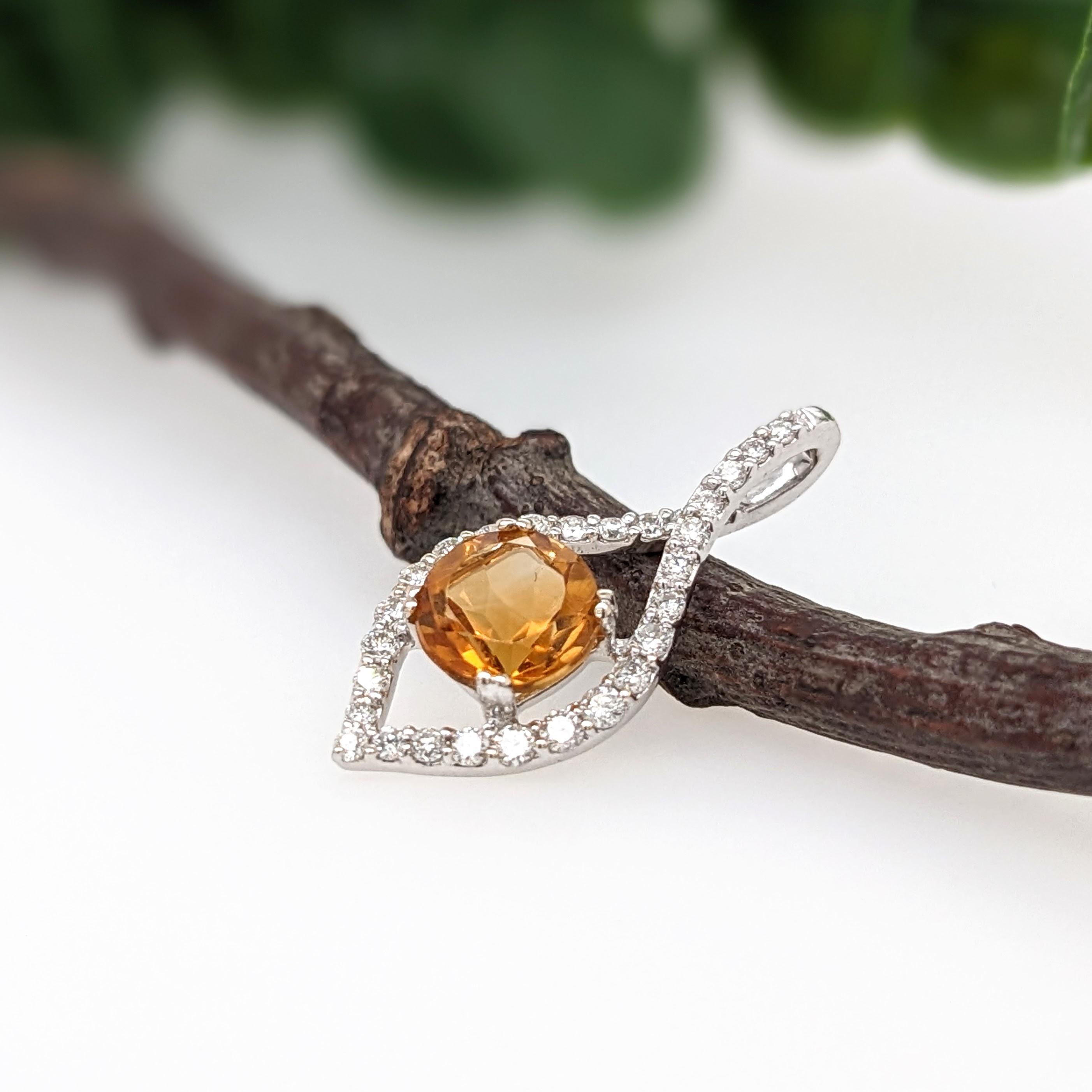 Women's Citrine Pendant w Earth Mined Diamonds in Solid 14K White Gold Round 5mm For Sale
