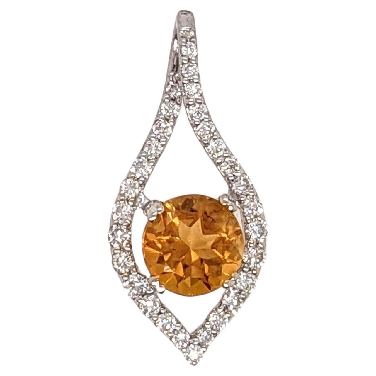 Citrine Pendant w Earth Mined Diamonds in Solid 14K White Gold Round 5mm For Sale