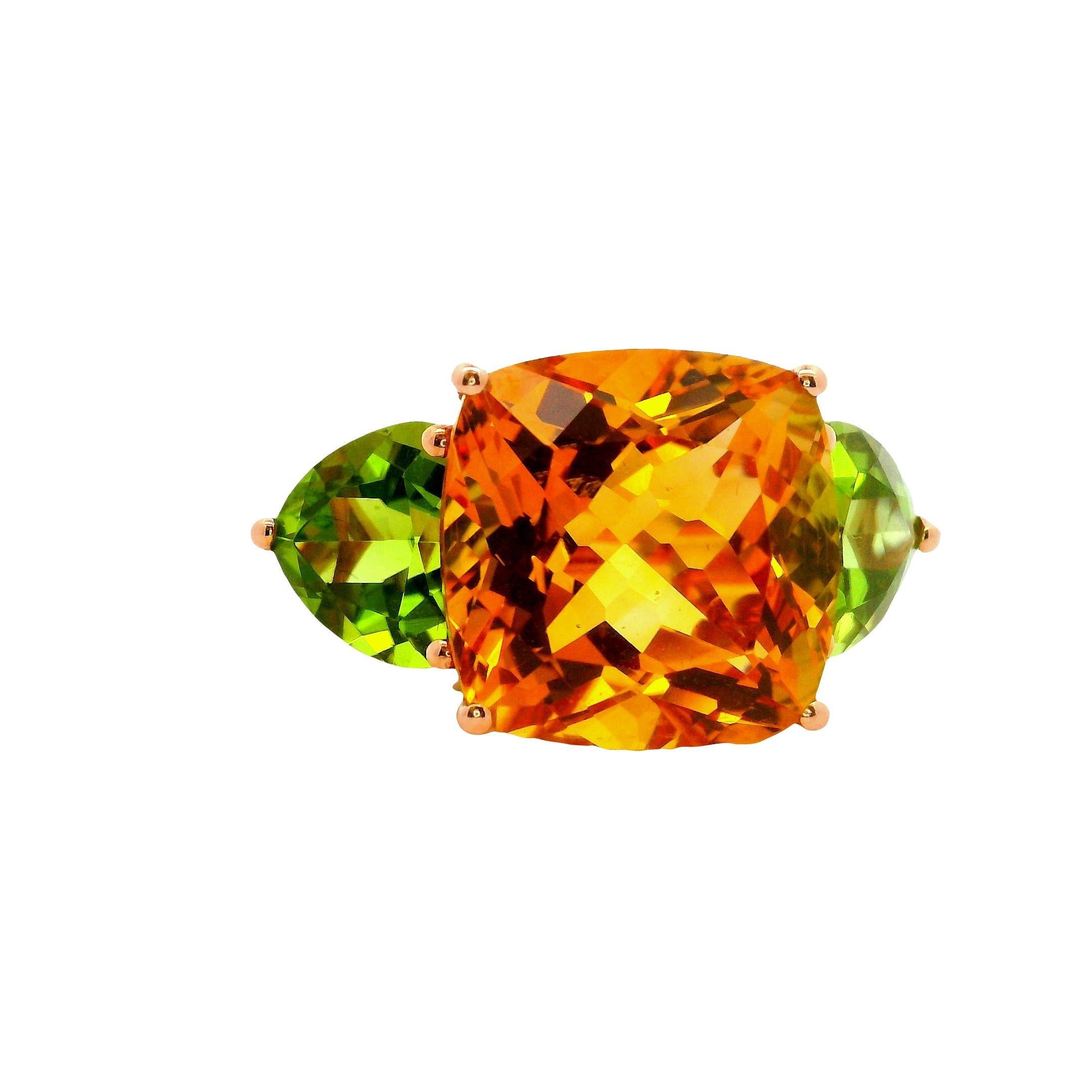 Contemporain Citrine Peridot 14K Gold Three-Stone Ring en vente