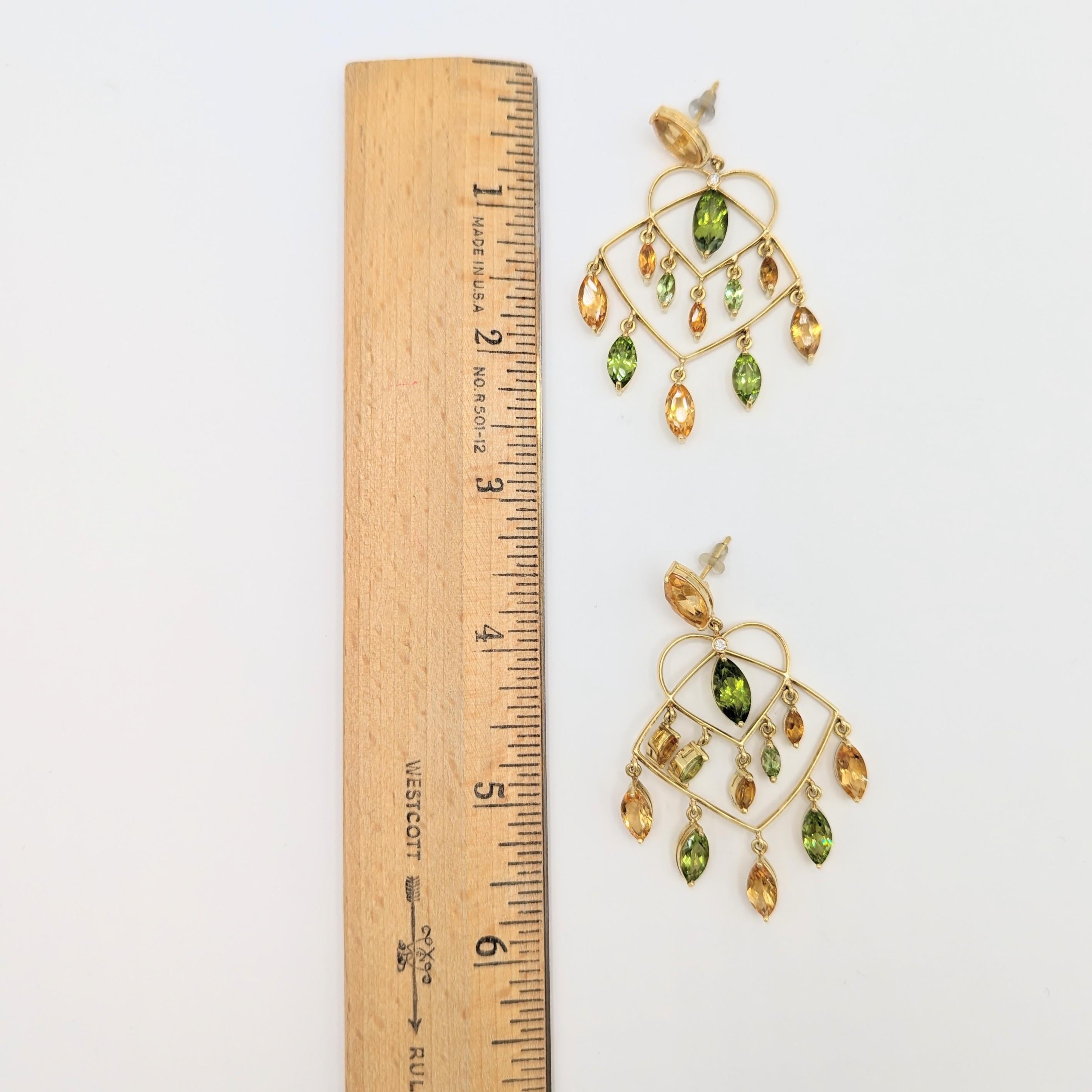 Citrine, Peridot, and White Diamond Chandelier Earrings in 18K Yellow Gold For Sale 1