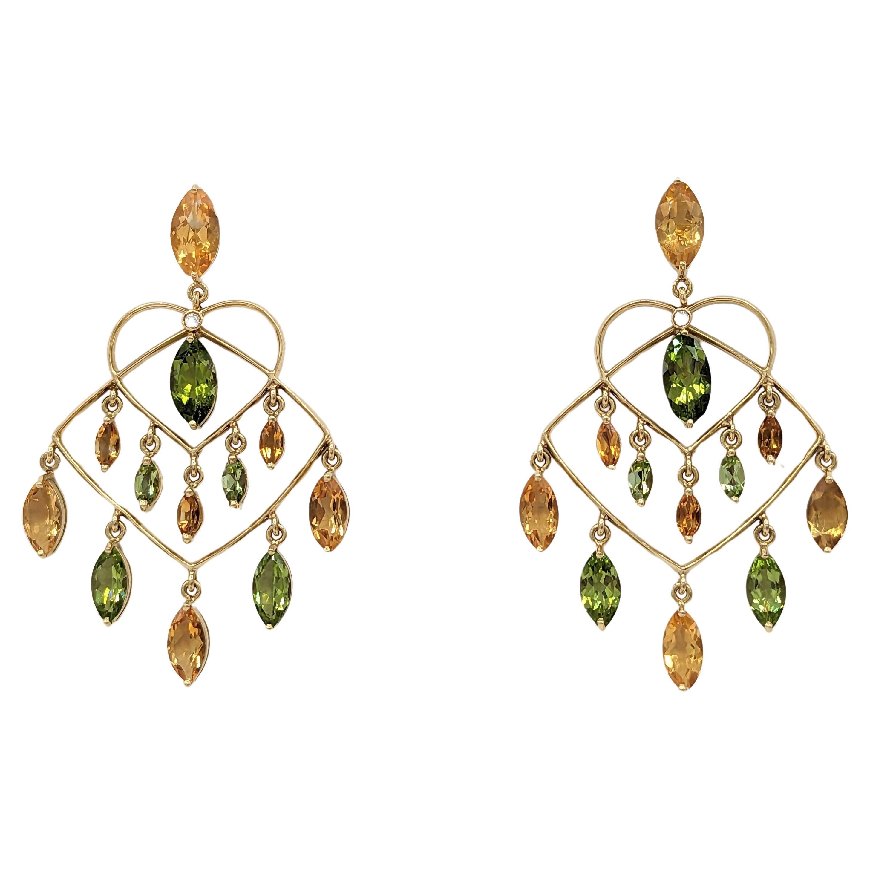 Citrine, Peridot, and White Diamond Chandelier Earrings in 18K Yellow Gold For Sale