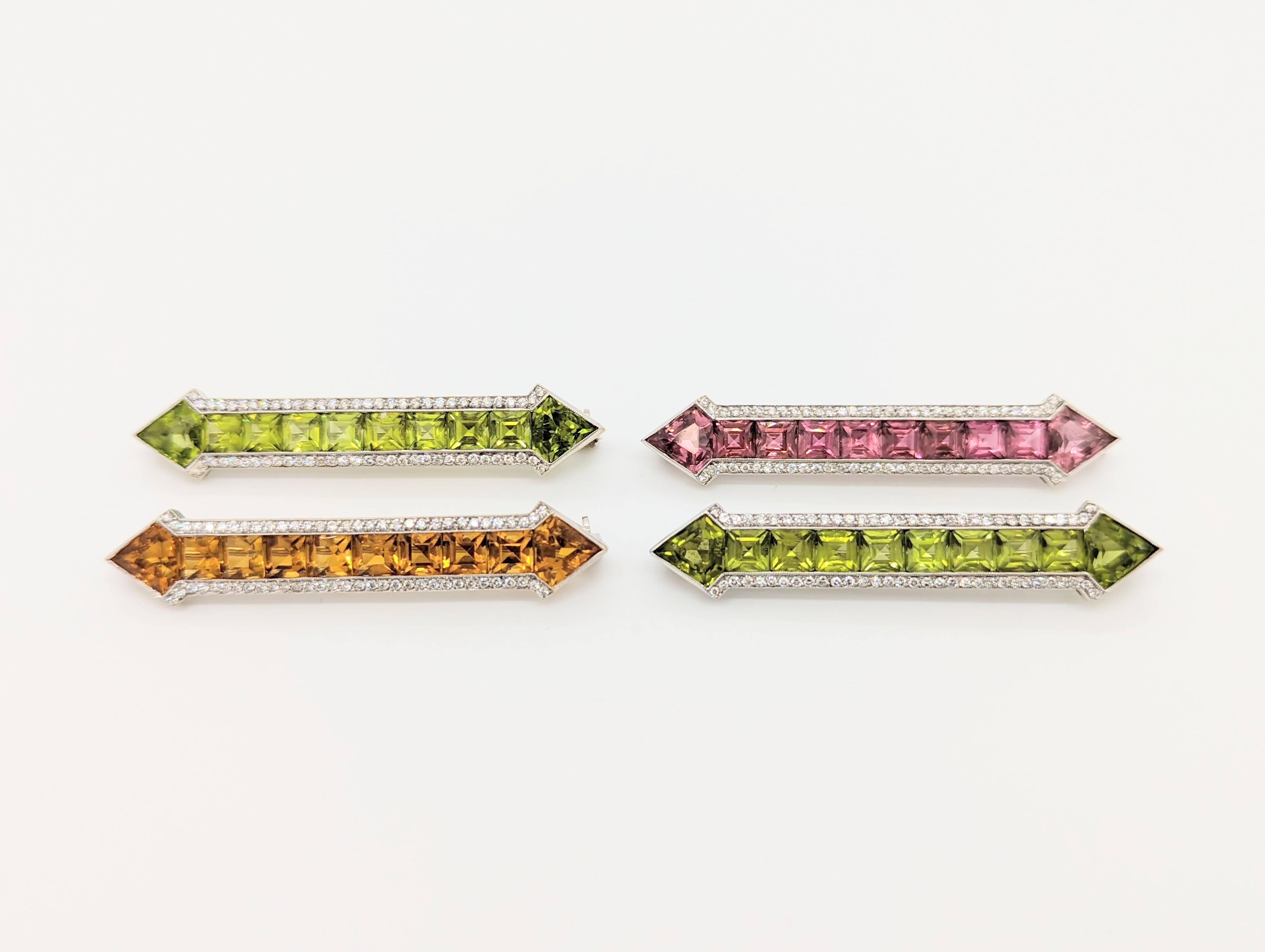 Citrine, Peridot, Pink Tourmaline, and White Diamond Arrow Pins in 18K  In New Condition For Sale In Los Angeles, CA