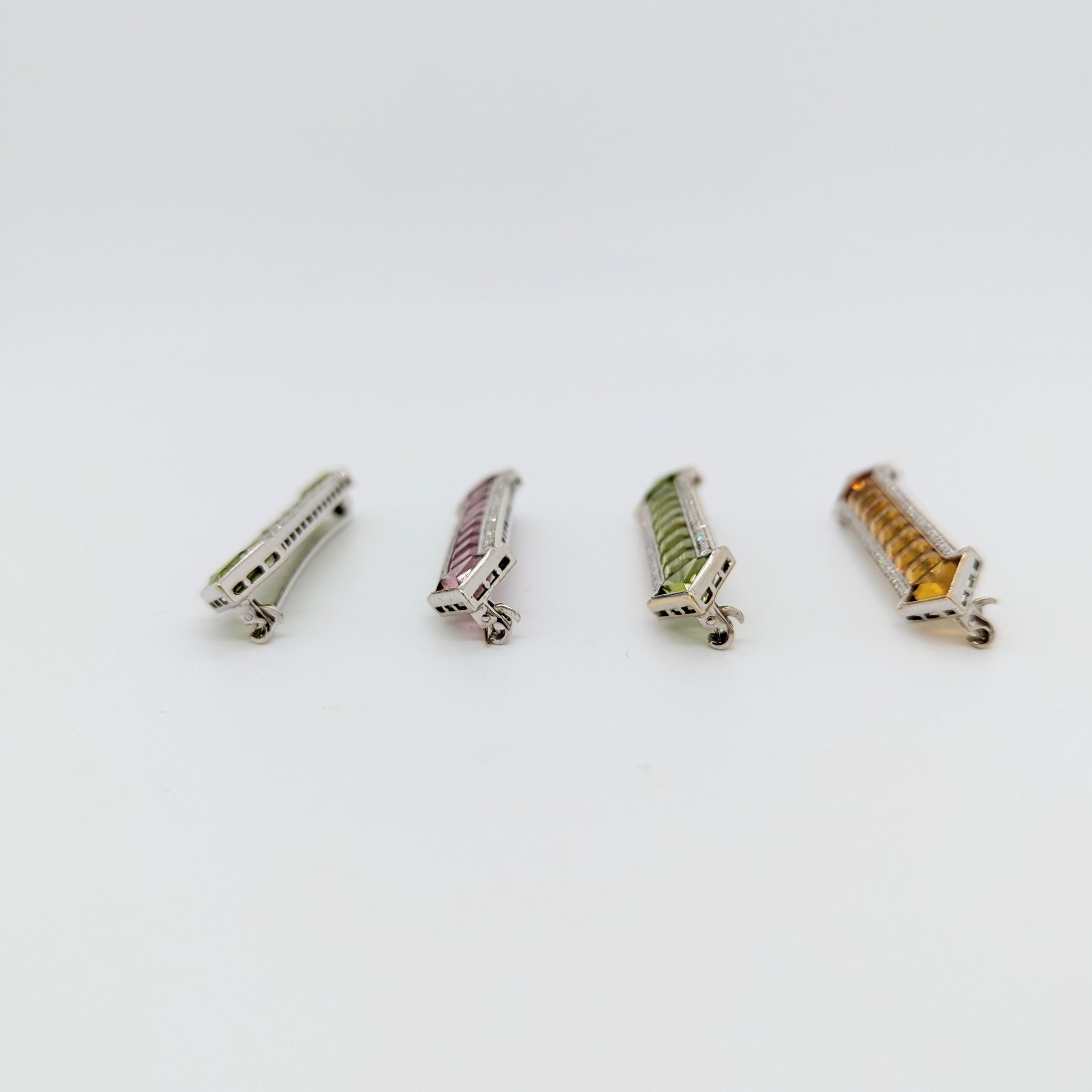 Women's or Men's Citrine, Peridot, Pink Tourmaline, and White Diamond Arrow Pins in 18K  For Sale