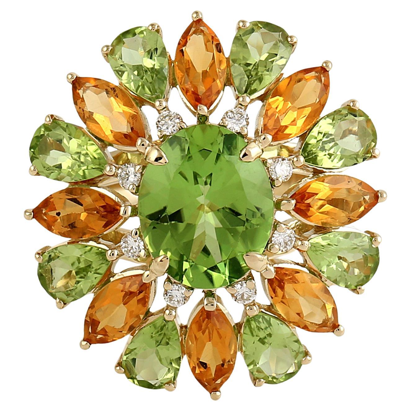 Citrine & Peridot Ring Accented With Diamonds Made In 14k Yellow Gold