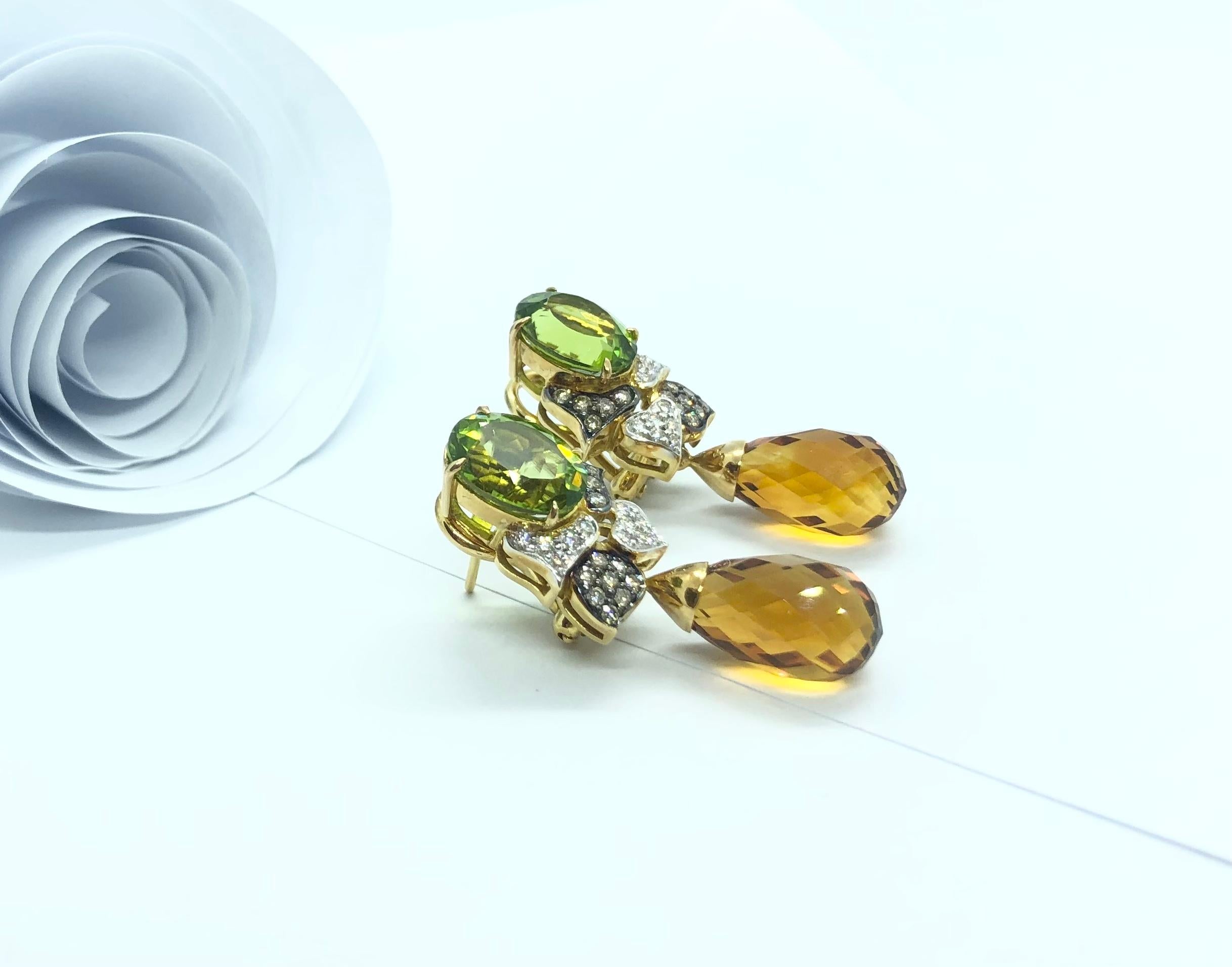Citrine, Peridot with Brown Diamond and Diamond Earrings Set in 18 Karat Gold For Sale 1