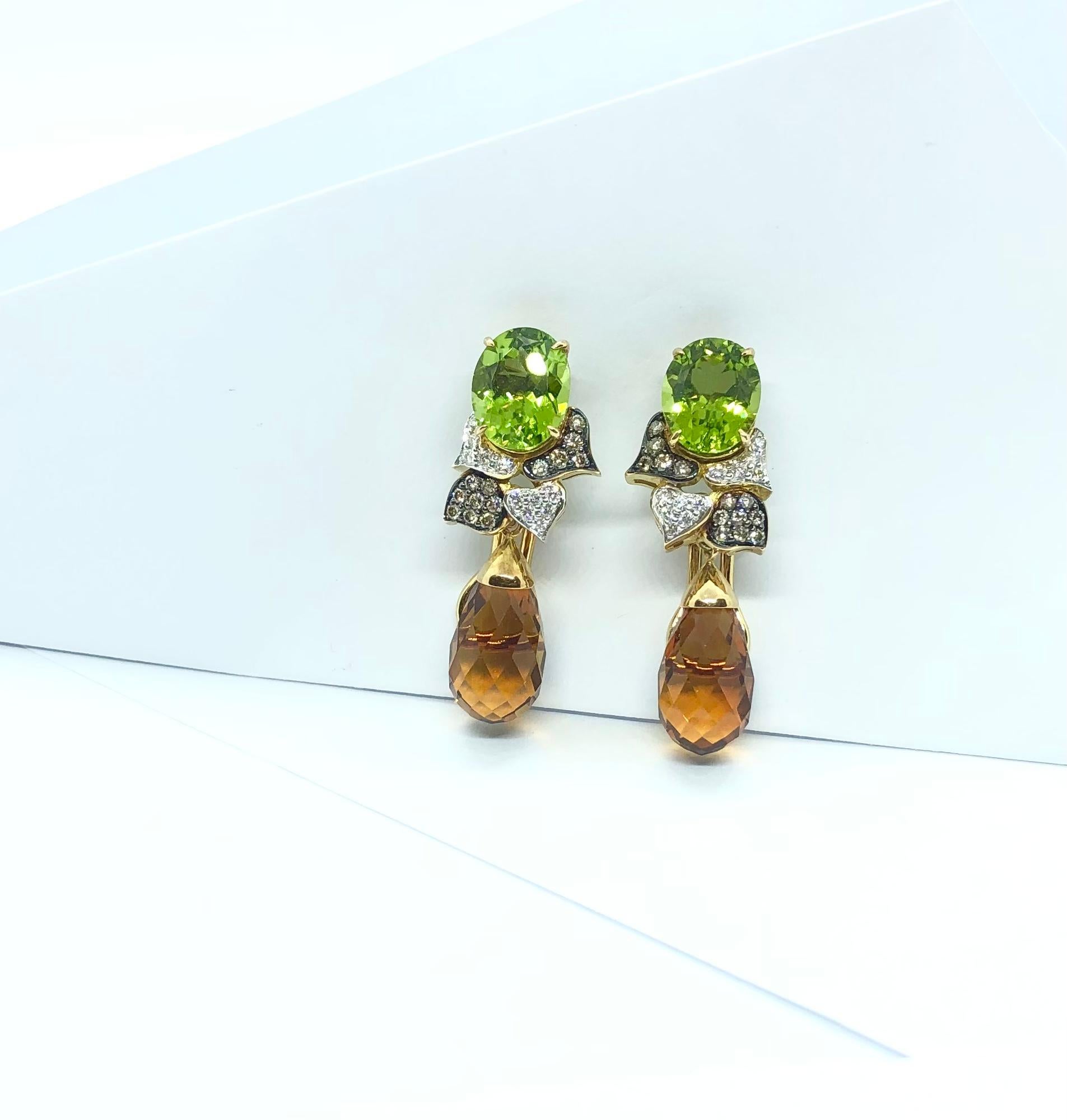 Citrine, Peridot with Brown Diamond and Diamond Earrings Set in 18 Karat Gold For Sale 2
