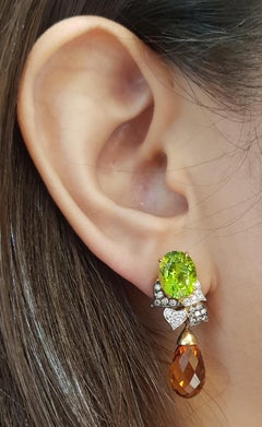 Citrine, Peridot with Brown Diamond and Diamond Earrings Set in 18 Karat Gold