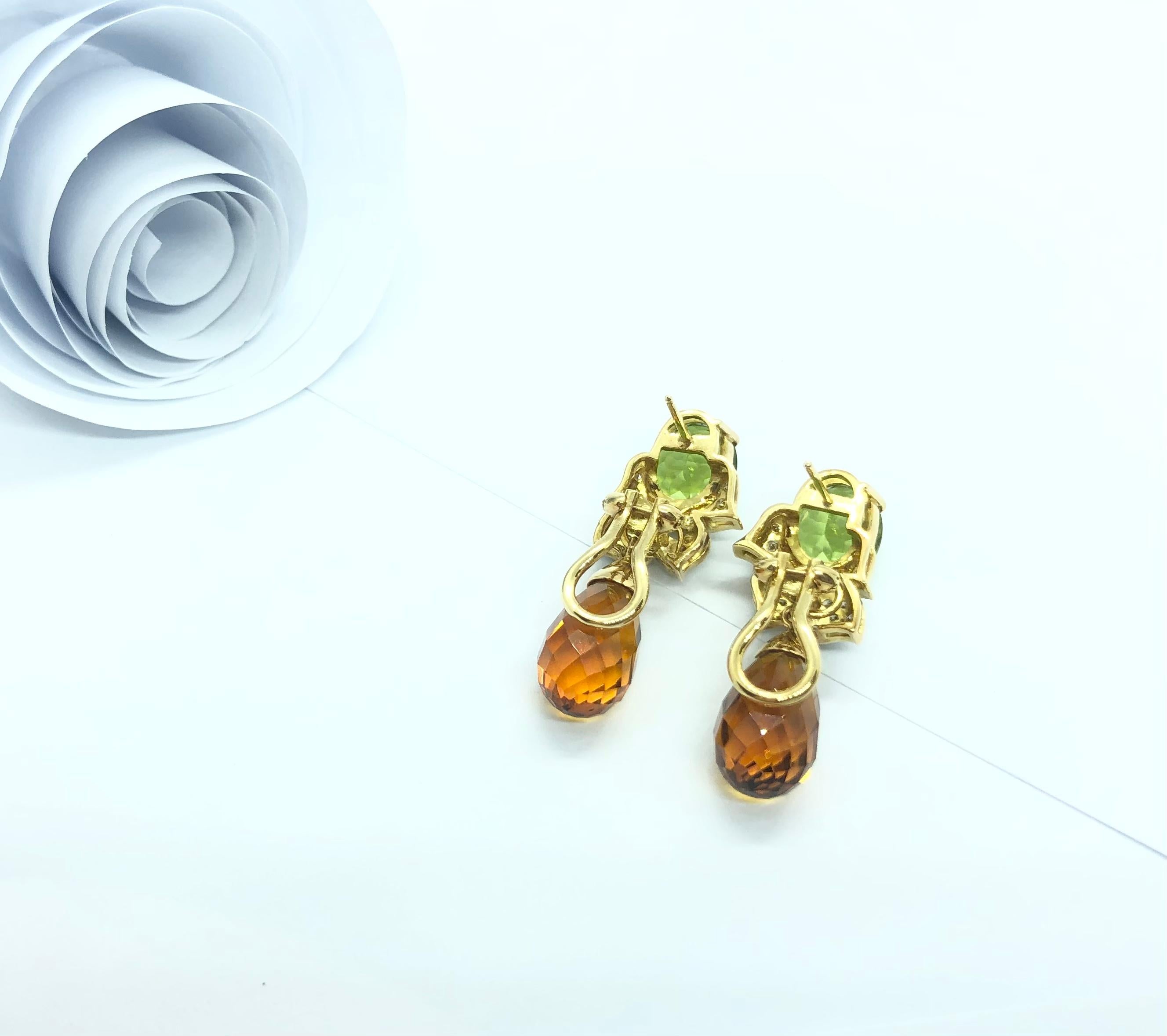 Contemporary Citrine, Peridot with Brown Diamond and Diamond Earrings Set in 18 Karat Gold For Sale
