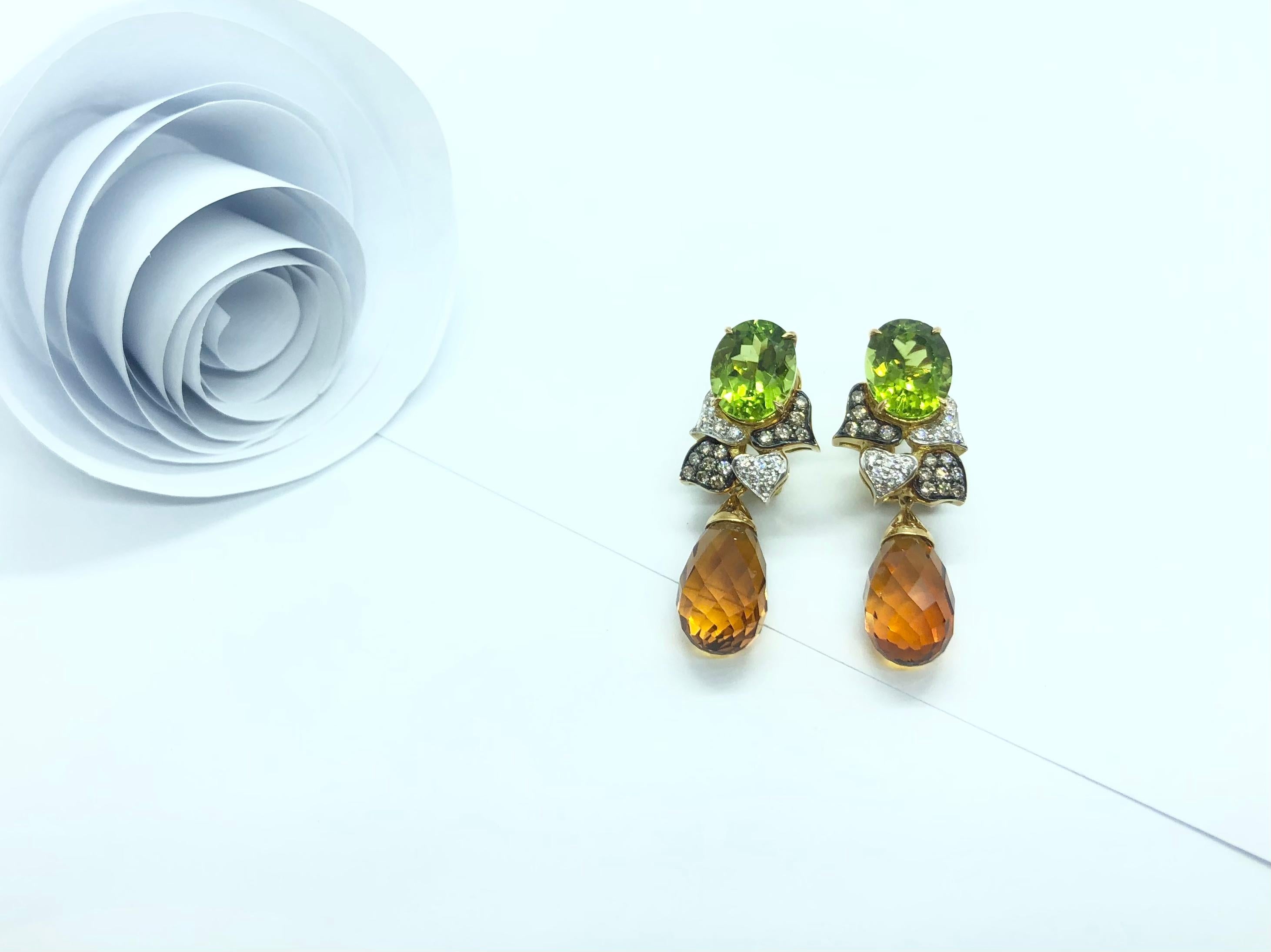 Mixed Cut Citrine, Peridot with Brown Diamond and Diamond Earrings Set in 18 Karat Gold For Sale