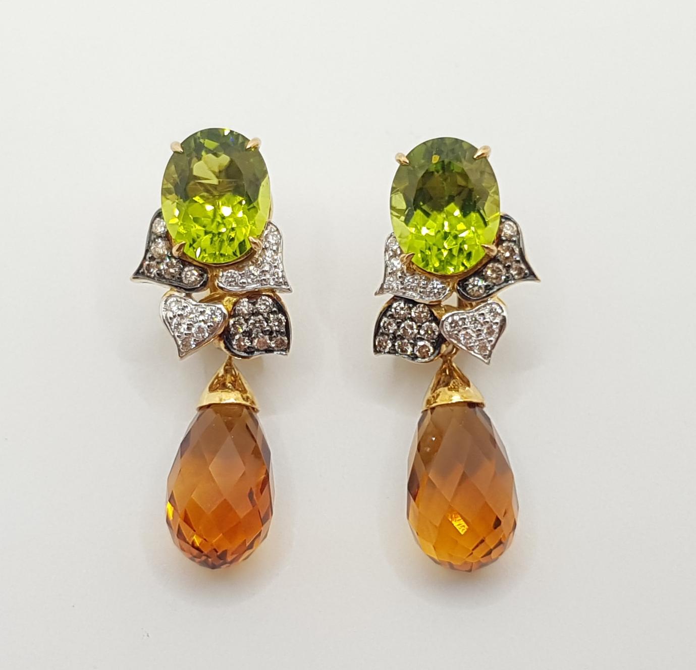 Citrine, Peridot with Brown Diamond and Diamond Earrings Set in 18 Karat Gold In New Condition For Sale In Bangkok, TH