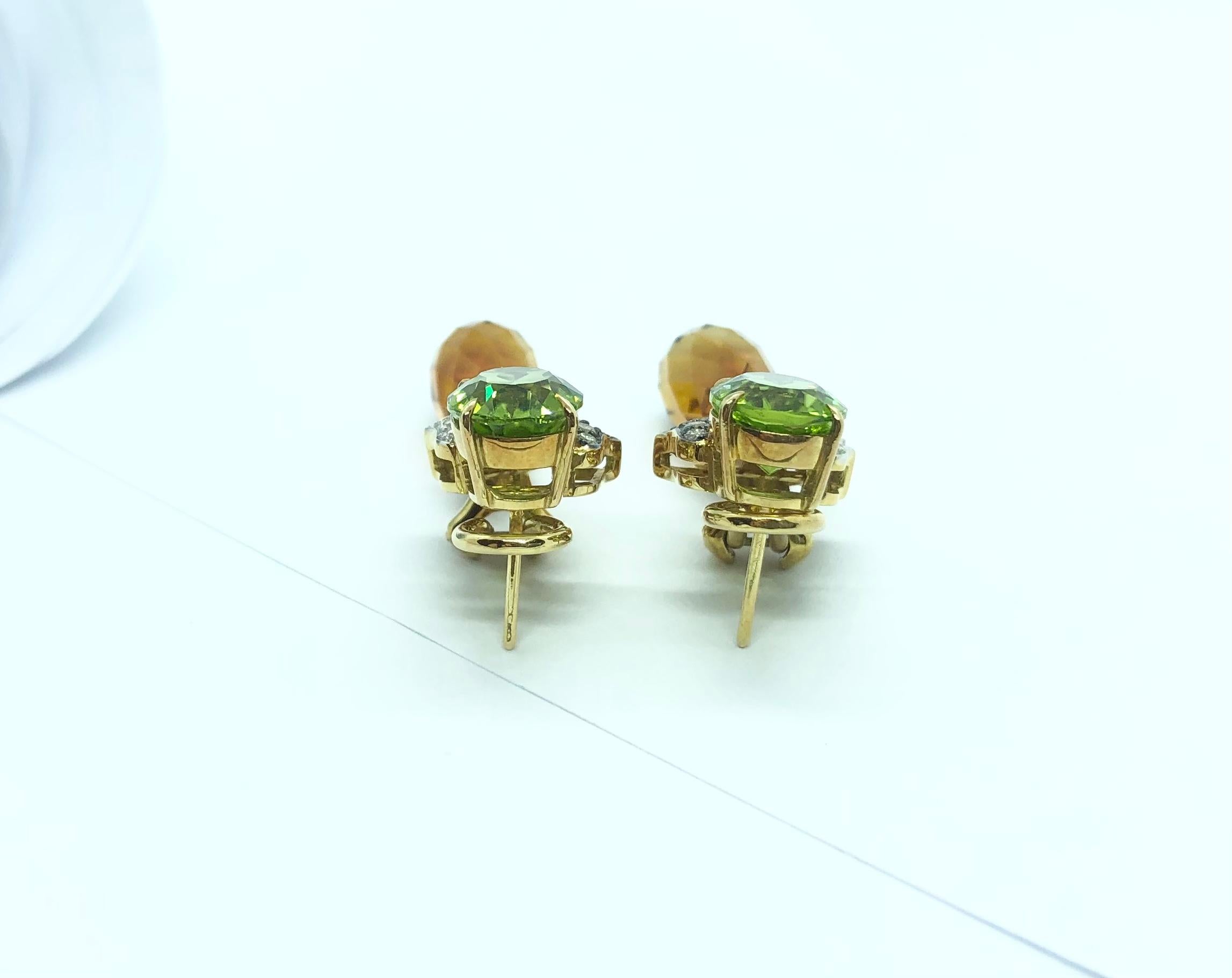 Women's Citrine, Peridot with Brown Diamond and Diamond Earrings Set in 18 Karat Gold For Sale