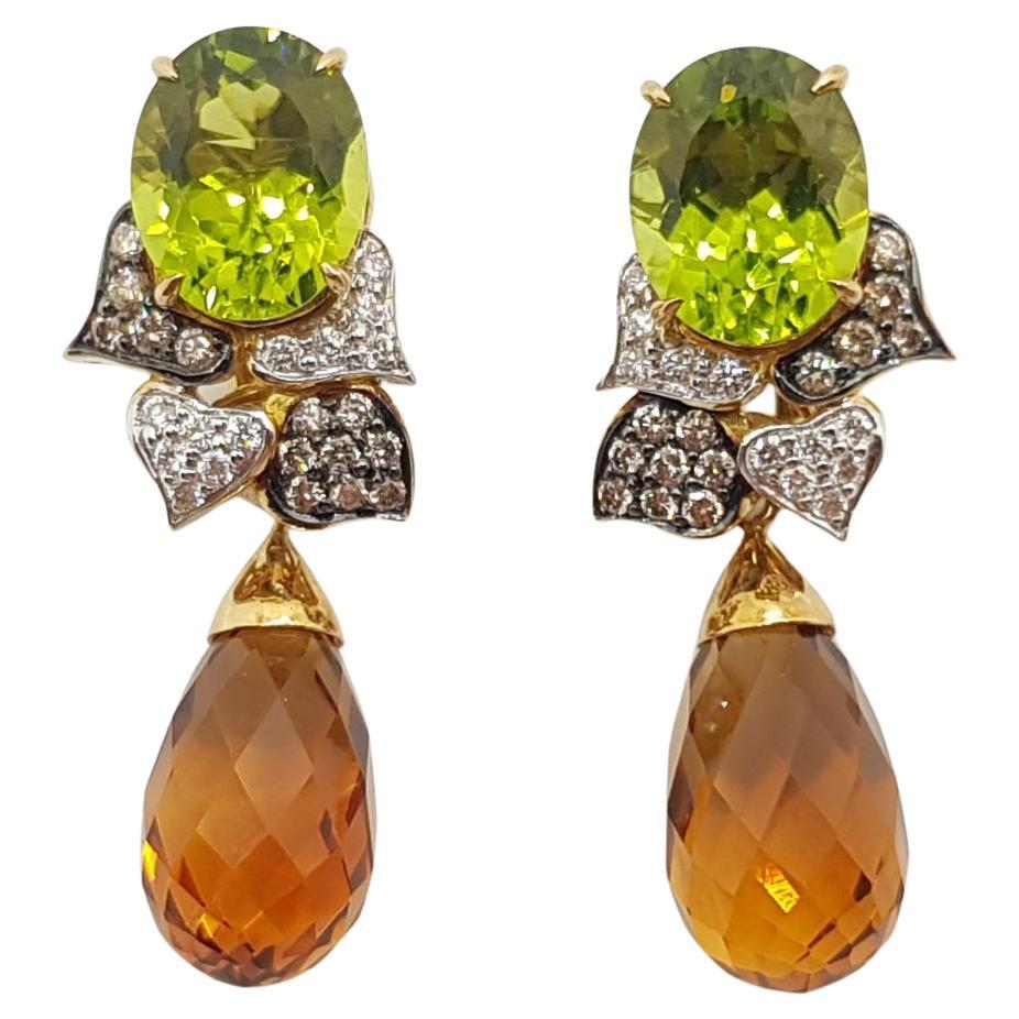Citrine, Peridot with Brown Diamond and Diamond Earrings Set in 18 Karat Gold For Sale