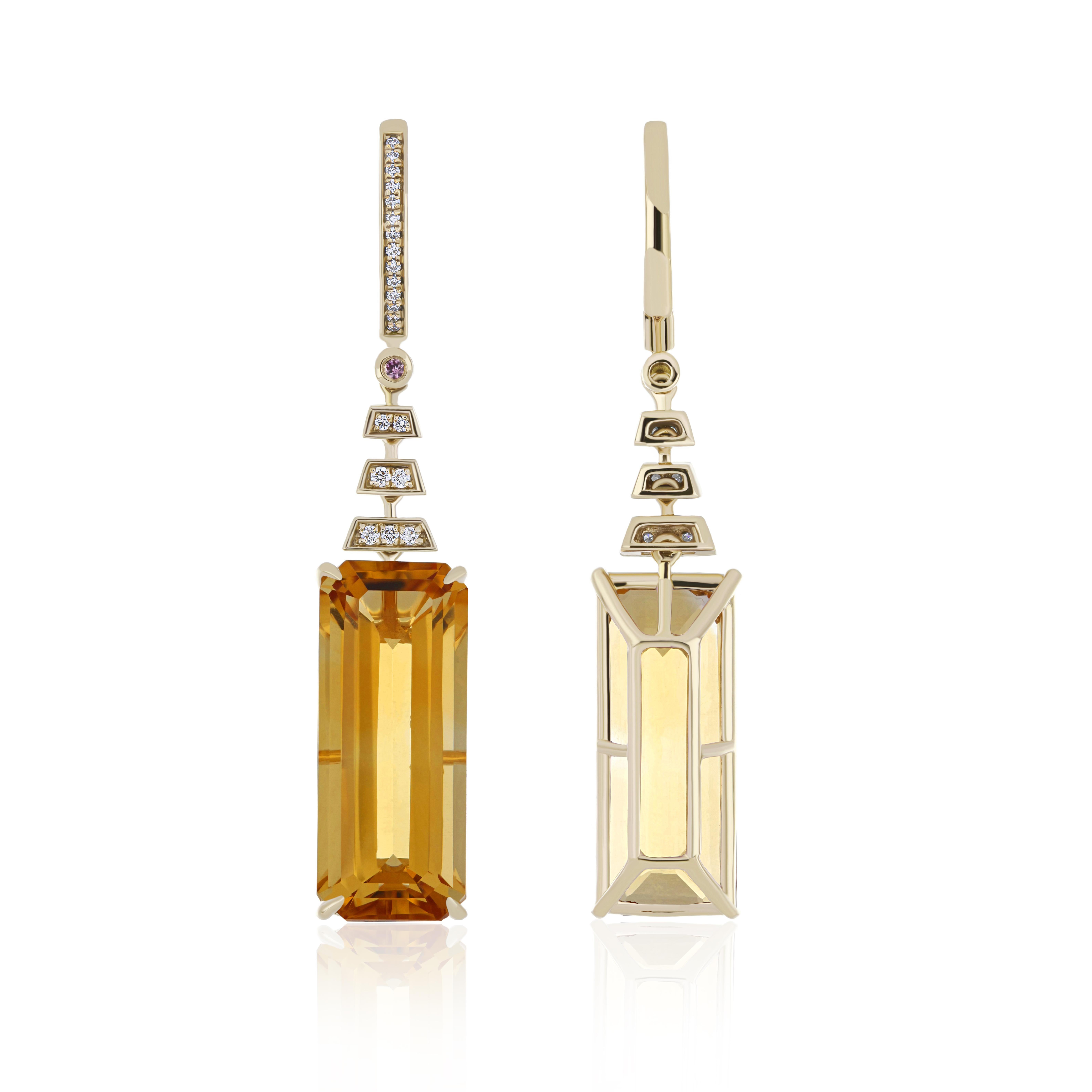 Octagon Cut 15.55CTs Citrine, Pink Sapphire and Diamond Earring in 14Karat Yellow Gold  For Sale