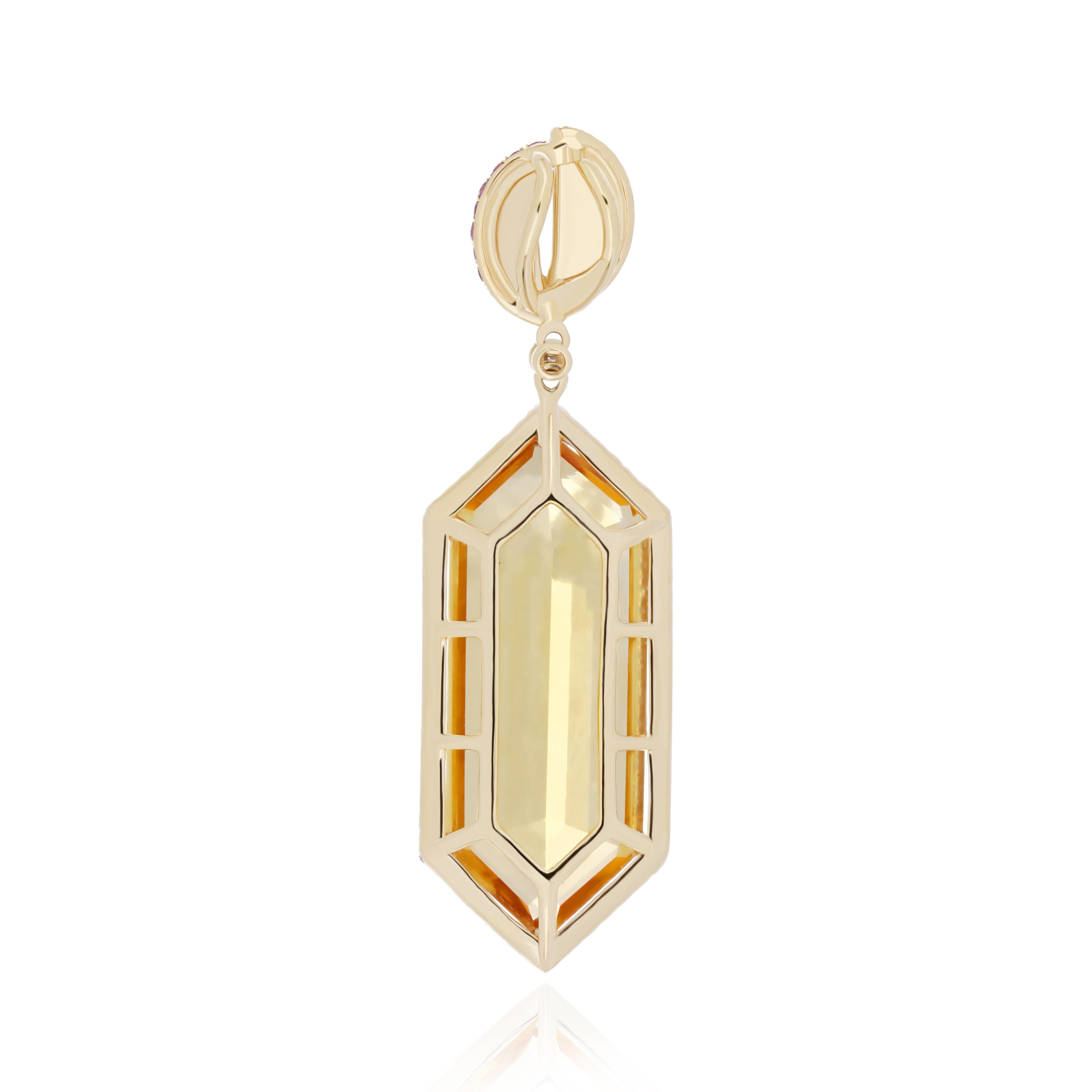 Hexagon Cut Citrine, Pink Sapphire &Diamond Pendant in 14Karat Yellow Gold Pendant for Gift For Sale