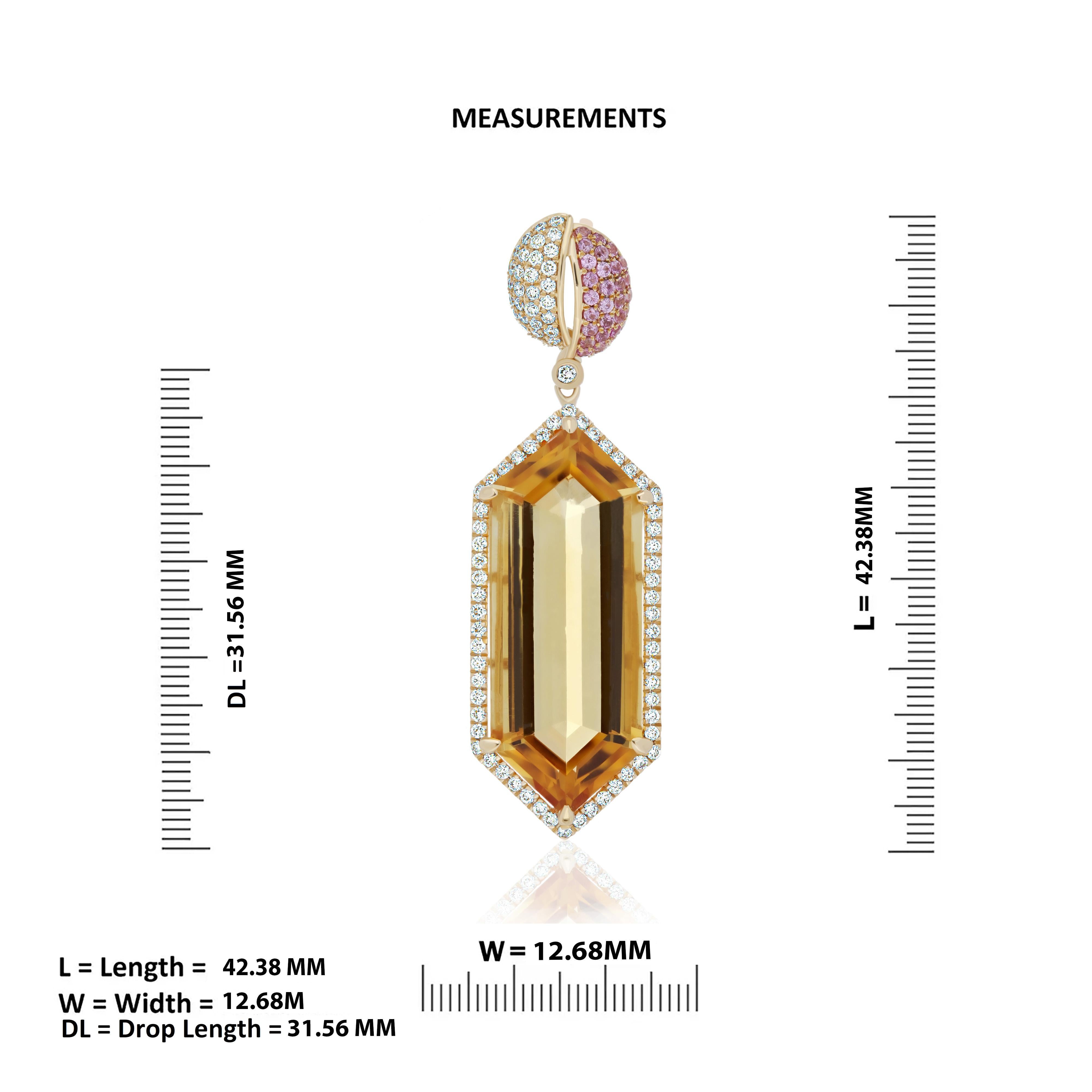 Citrine, Pink Sapphire &Diamond Pendant in 14Karat Yellow Gold Pendant for Gift In New Condition For Sale In JAIPUR, IN