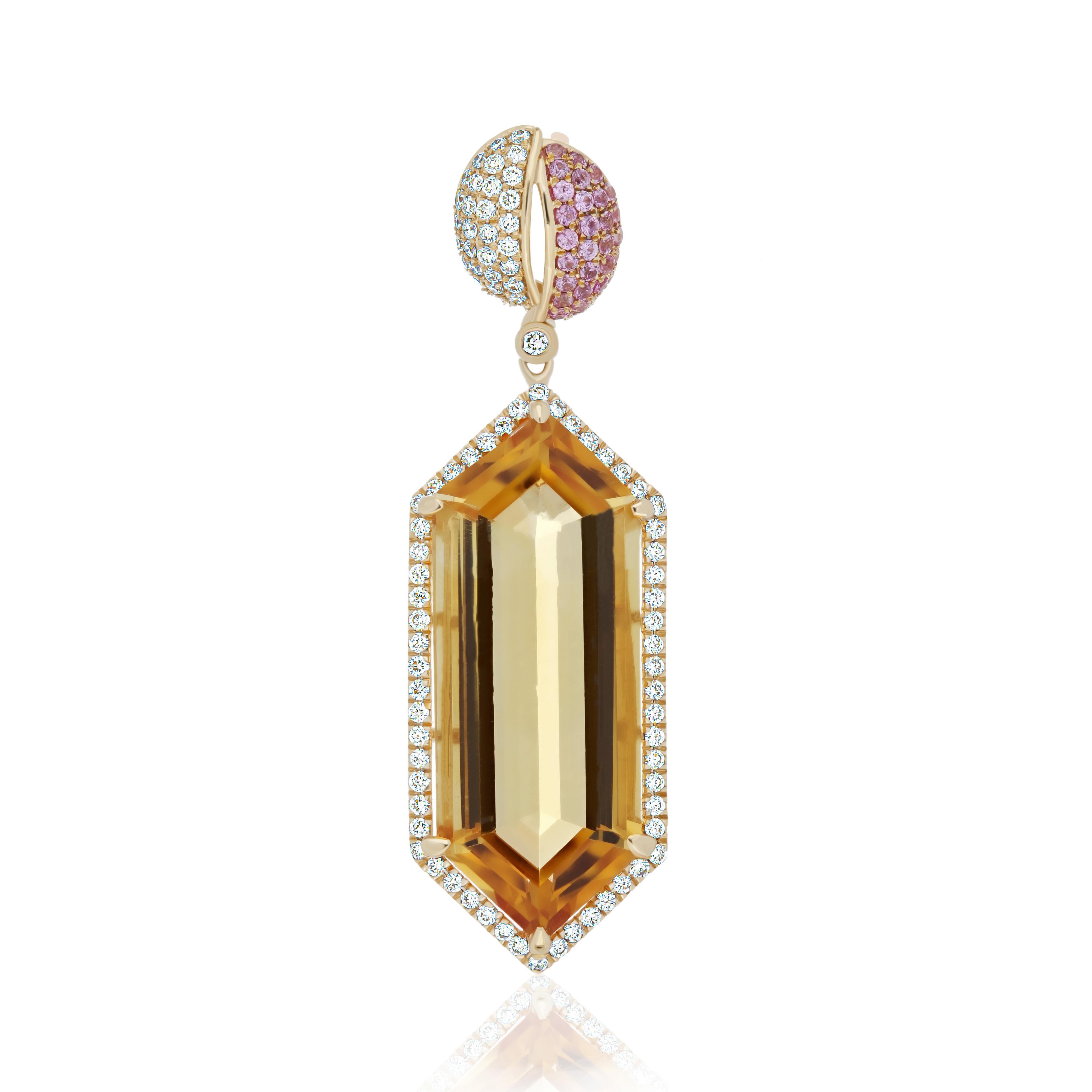 Women's Citrine, Pink Sapphire &Diamond Pendant in 14Karat Yellow Gold Pendant for Gift For Sale
