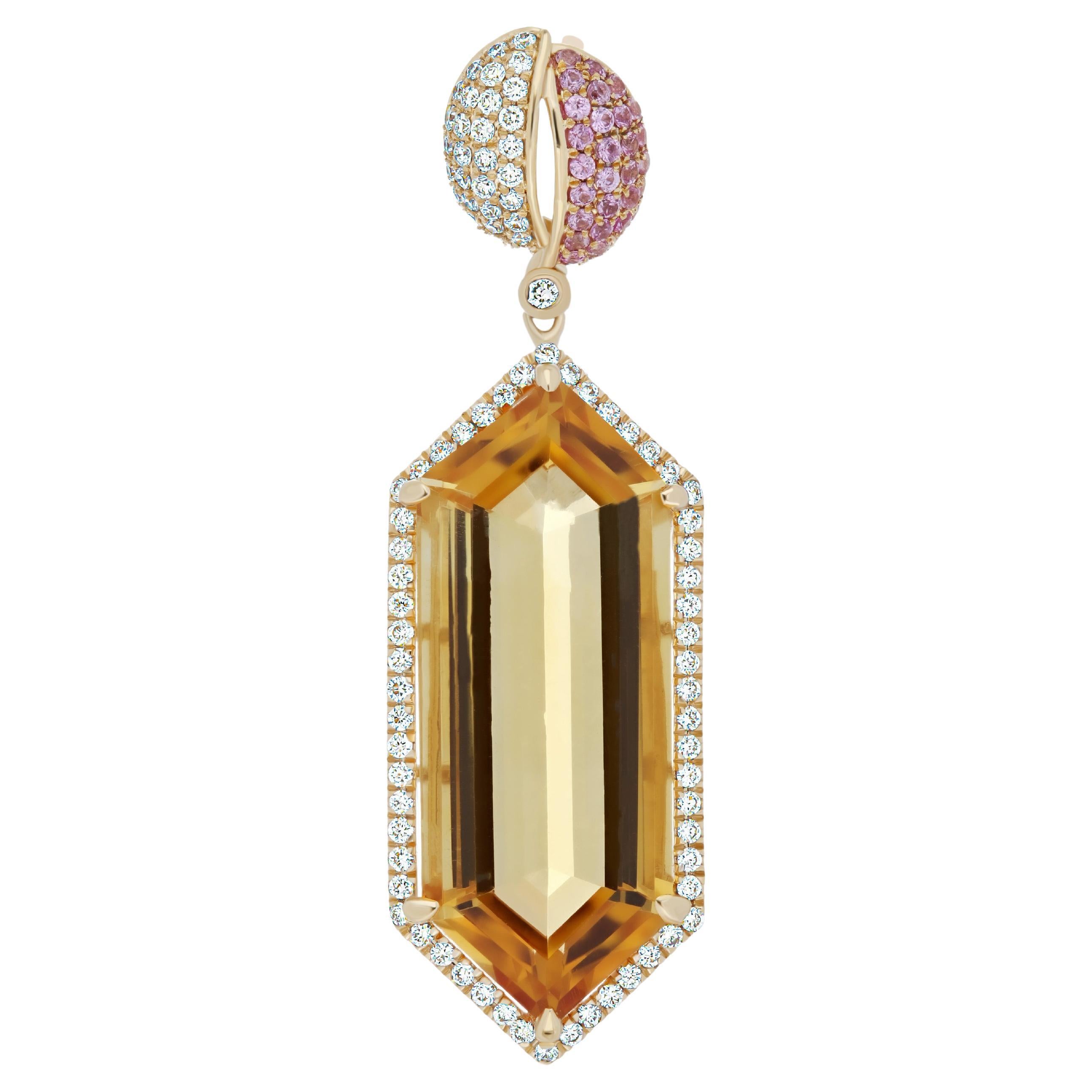 Citrine, Pink Sapphire &Diamond Pendant in 14Karat Yellow Gold Pendant for Gift For Sale