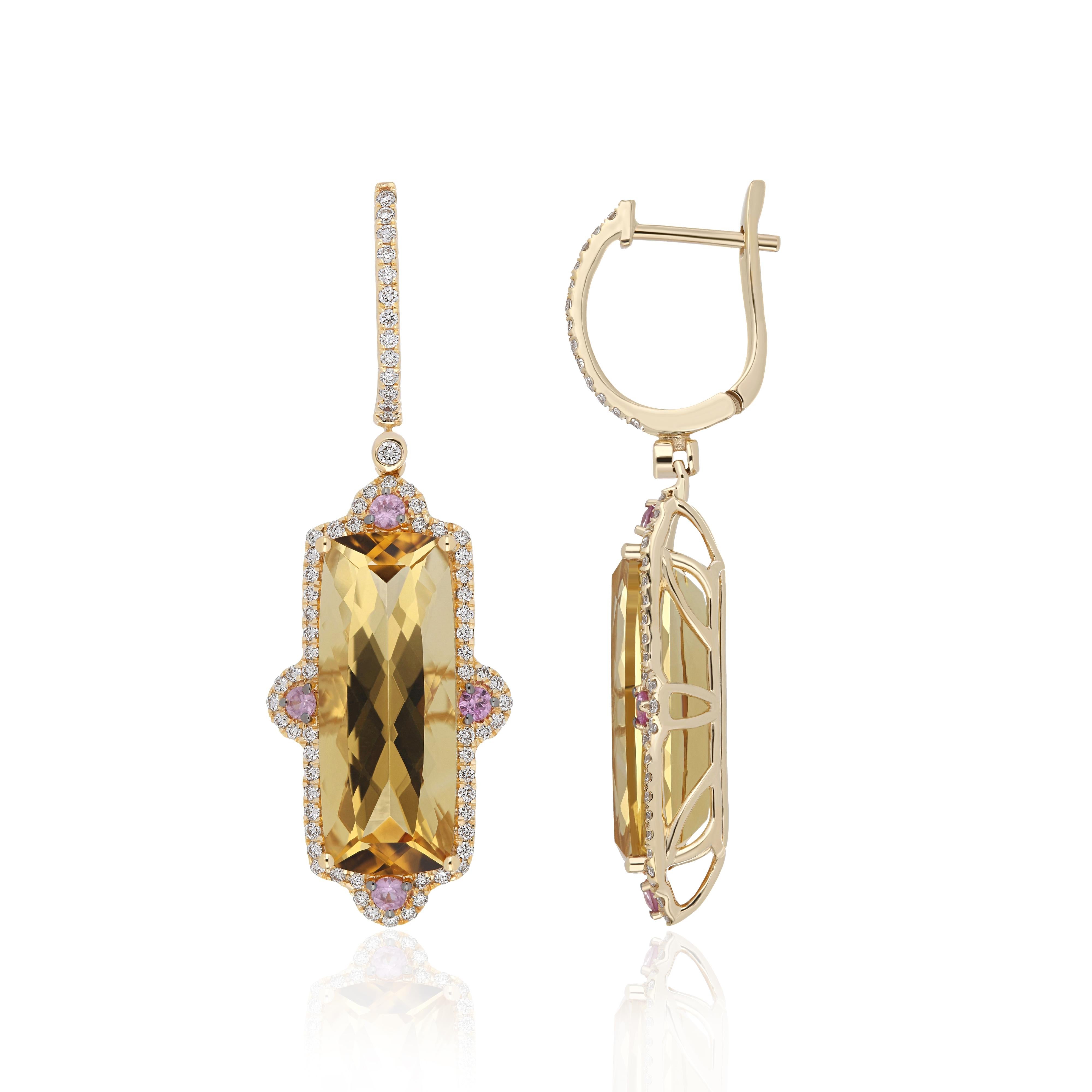 Elegant and Exquisitely detailed cocktail Pendant , Centre Set with vibrant Cushion Shape Citrine Weighing approx. 13.9 Cts accented intense Pink Sapphire and Micro Pave Set Diamonds weighing approx. 0.67 Cts, Beautifully Hand Crafted in 14 Karat