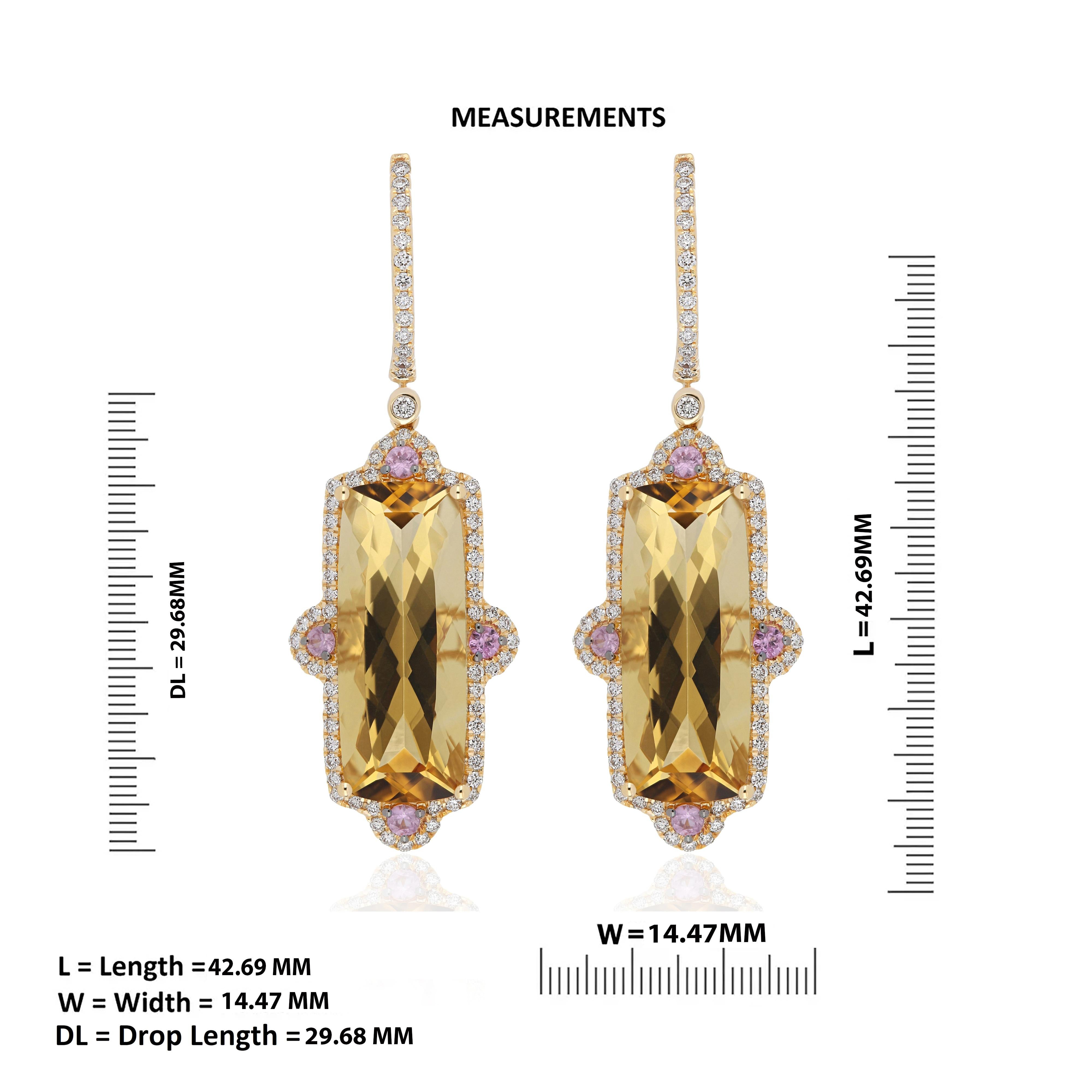 Cushion Cut Citrine, Pink Sapphire and Diamond Studded Earrings in 14 Karat Yellow Gold For Sale