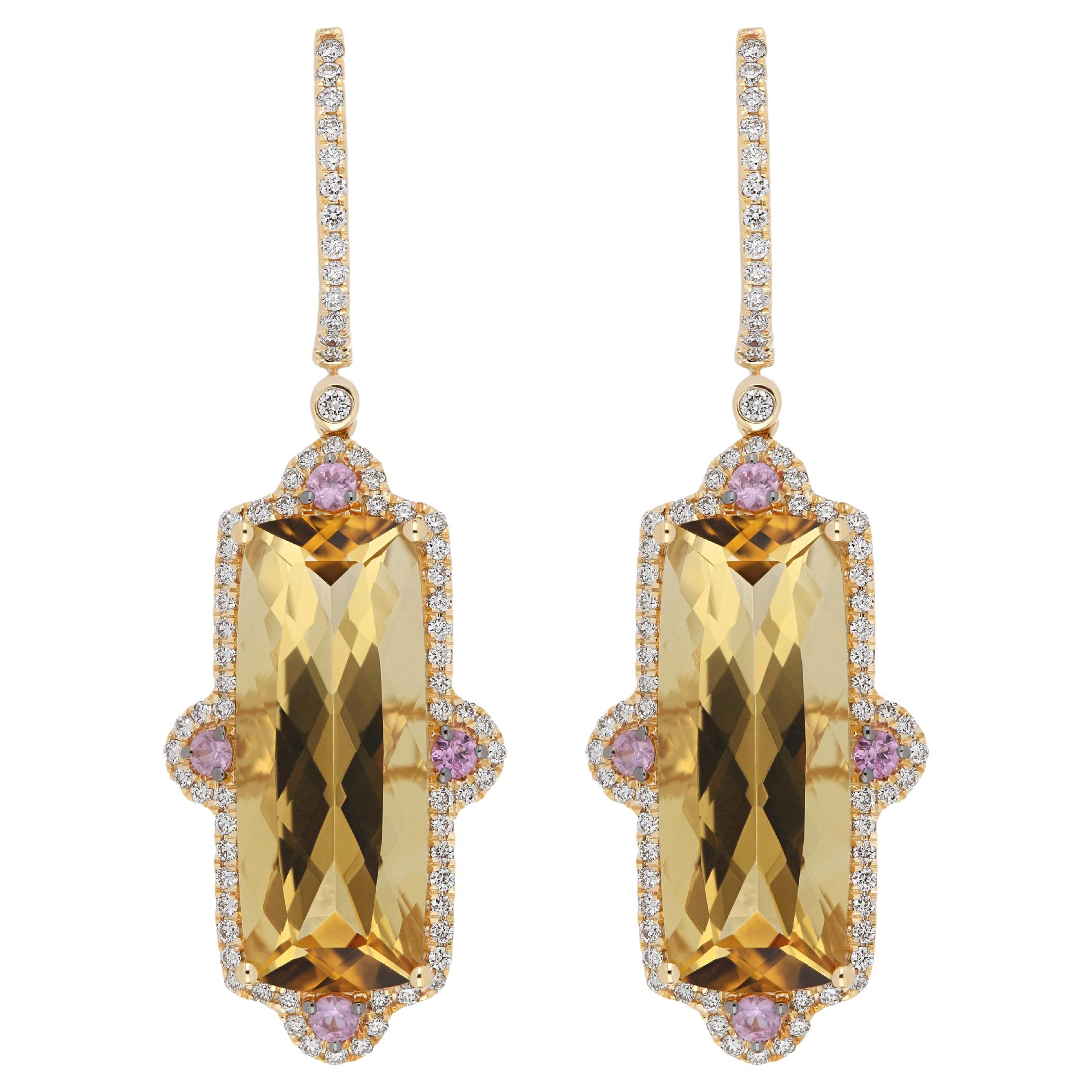 Citrine, Pink Sapphire and Diamond Studded Earrings in 14 Karat Yellow Gold For Sale