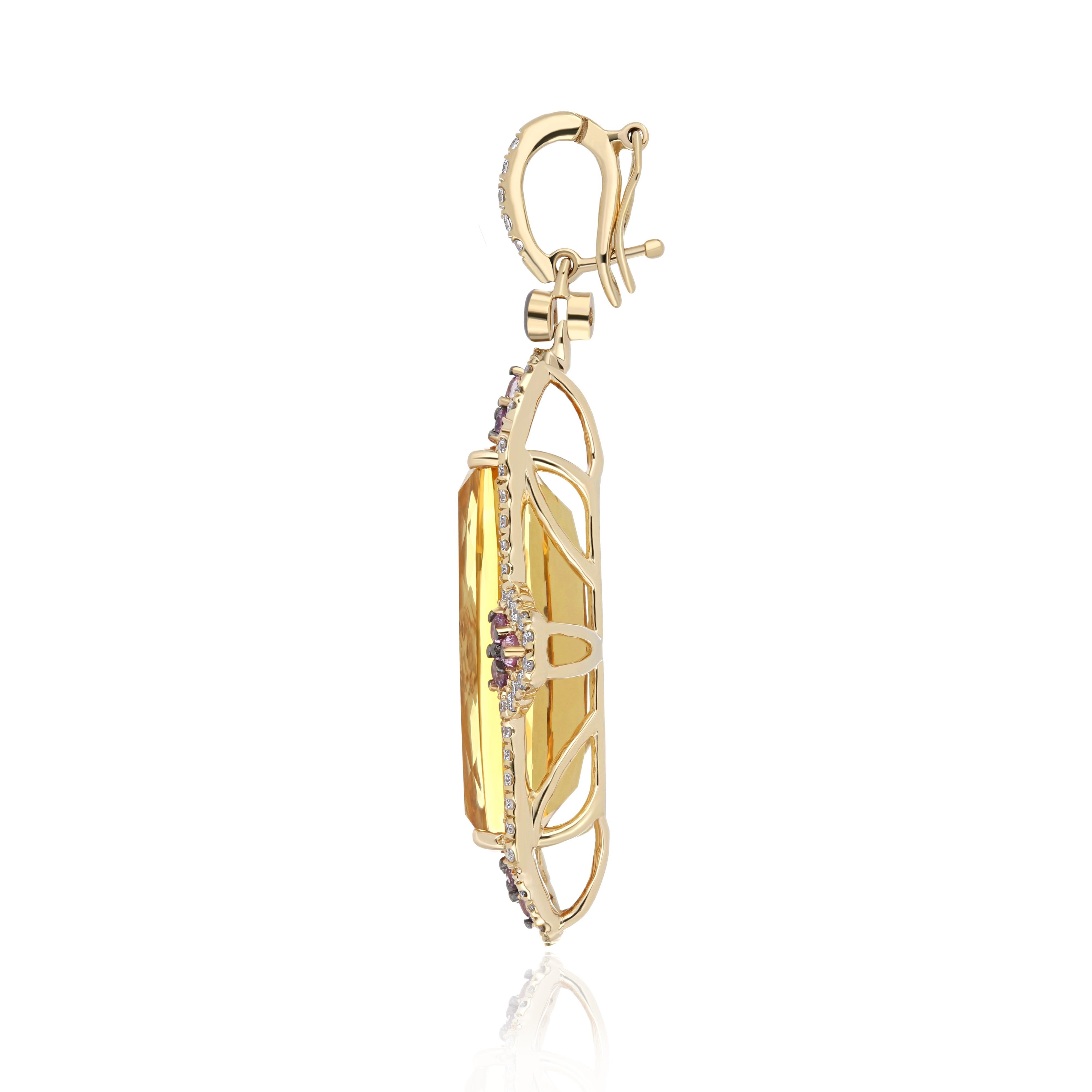 Elegant and Exquisitely detailed cocktail Pendant , Centre Set with vibrant Cushion Shape Citrine Weighing approx. 6.99 Cts accented with intense Pink Sapphire and Micro Pave Set Diamonds weighing approx. 0.31 Cts, Beautifully Hand Crafted in 14