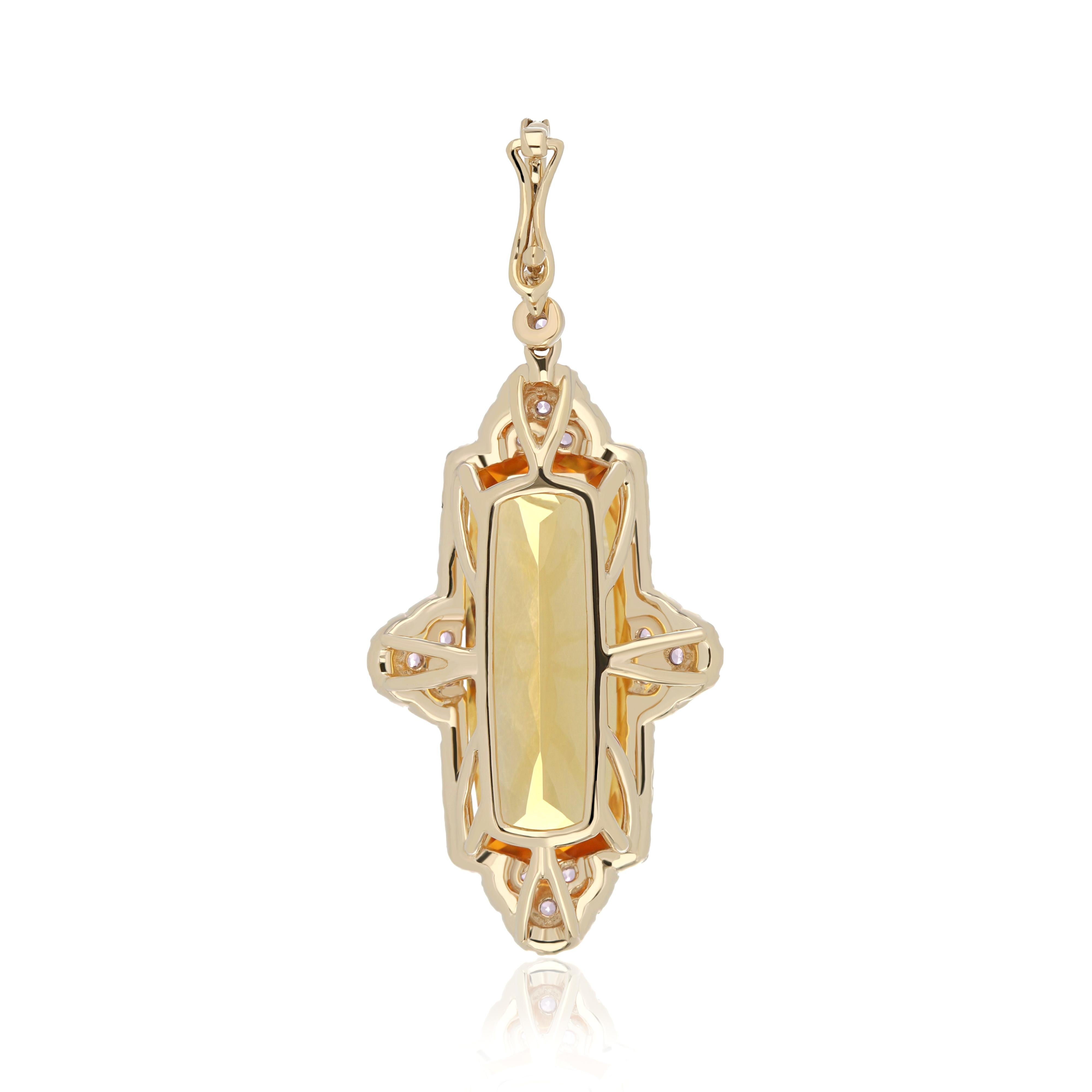 Cushion Cut Citrine, Pink Sapphire and Diamond Studded Pendant in 14 Karat Yellow Gold For Sale