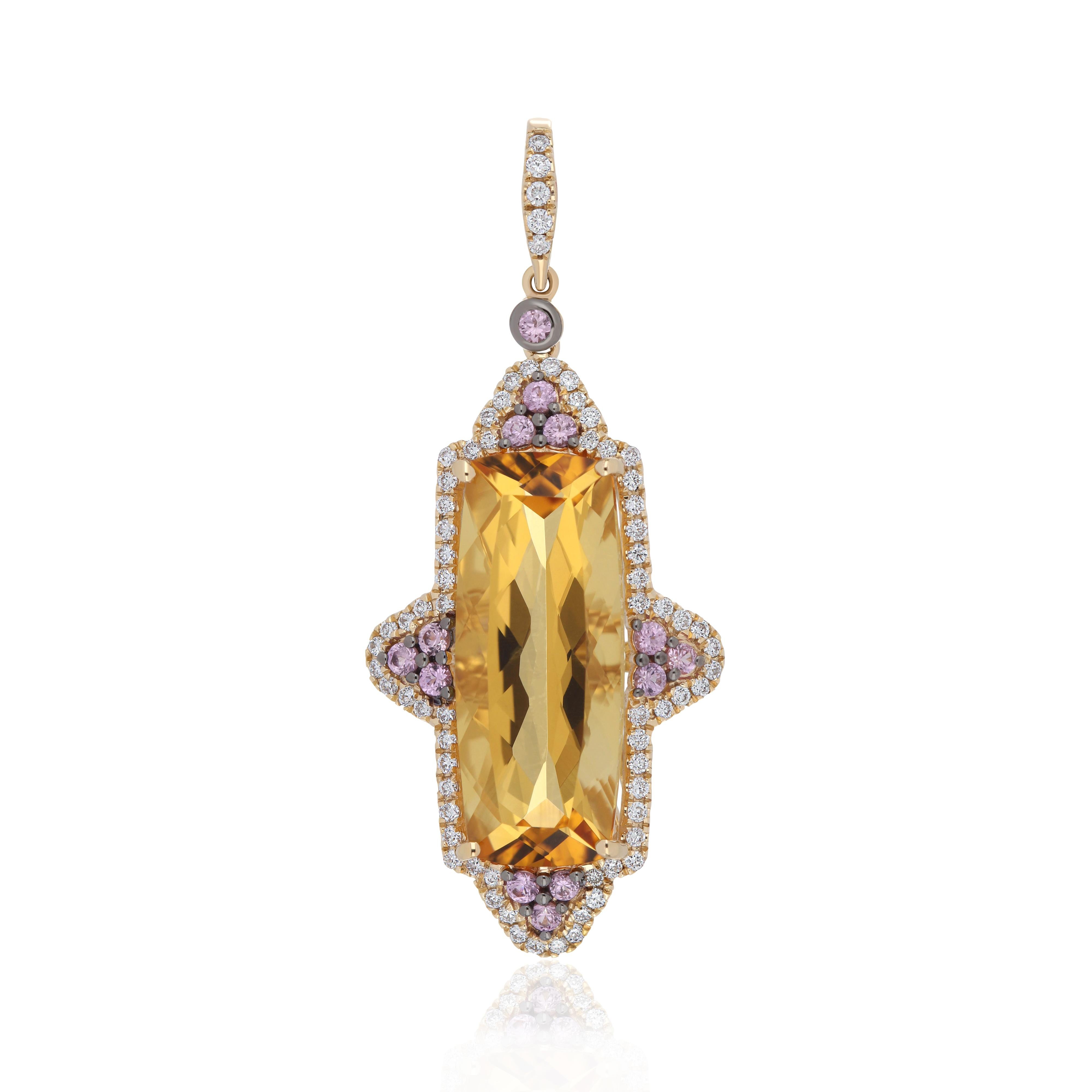 Women's Citrine, Pink Sapphire and Diamond Studded Pendant in 14 Karat Yellow Gold For Sale