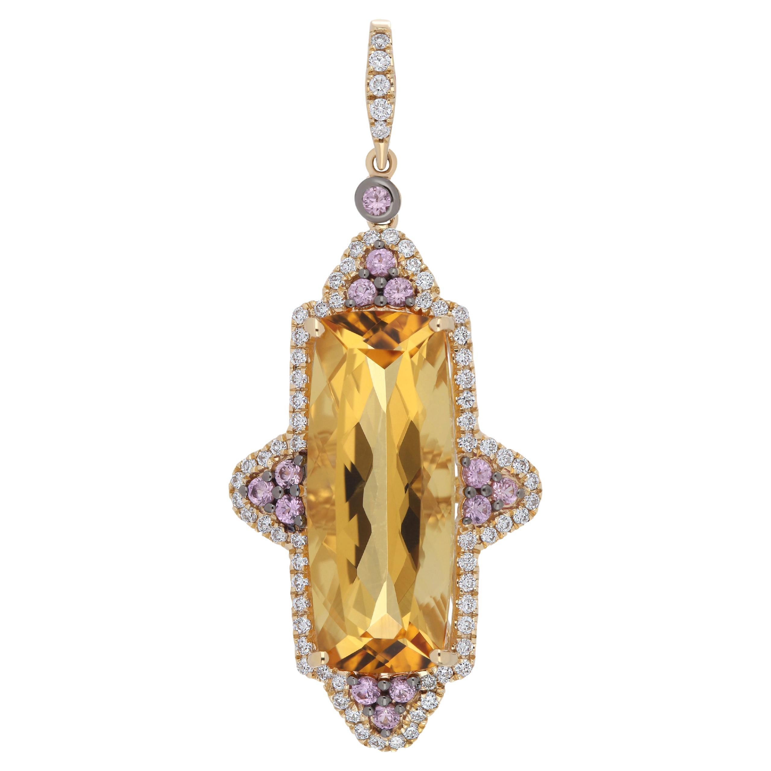 Citrine, Pink Sapphire and Diamond Studded Pendant in 14 Karat Yellow Gold For Sale