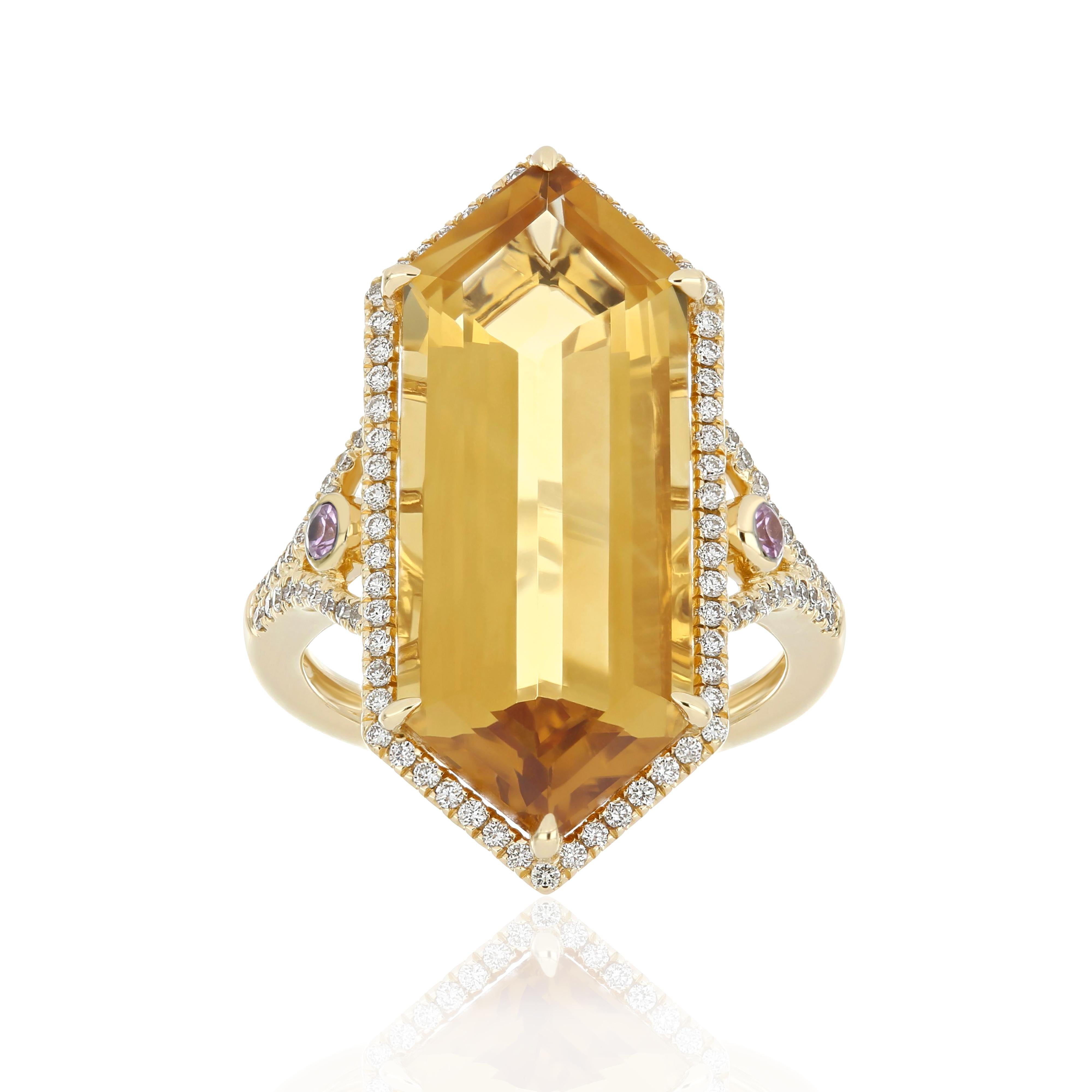 For Sale:  Citrine, Pink Sapphire and Diamond Studded Ring in 14 Karat Yellow Gold 2