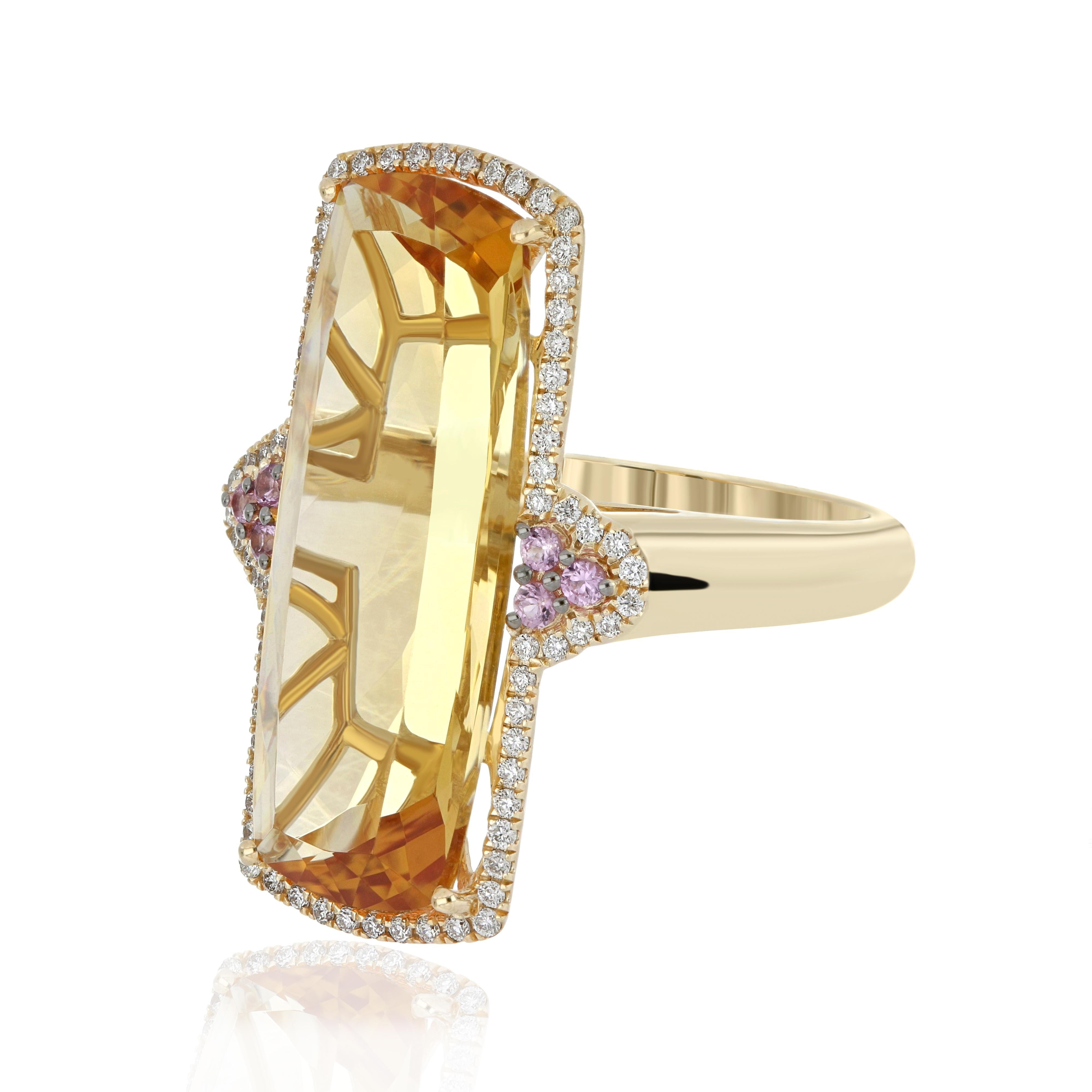 For Sale:  Citrine, Pink Sapphire and Diamond Studded Ring in 14 Karat Yellow Gold 4