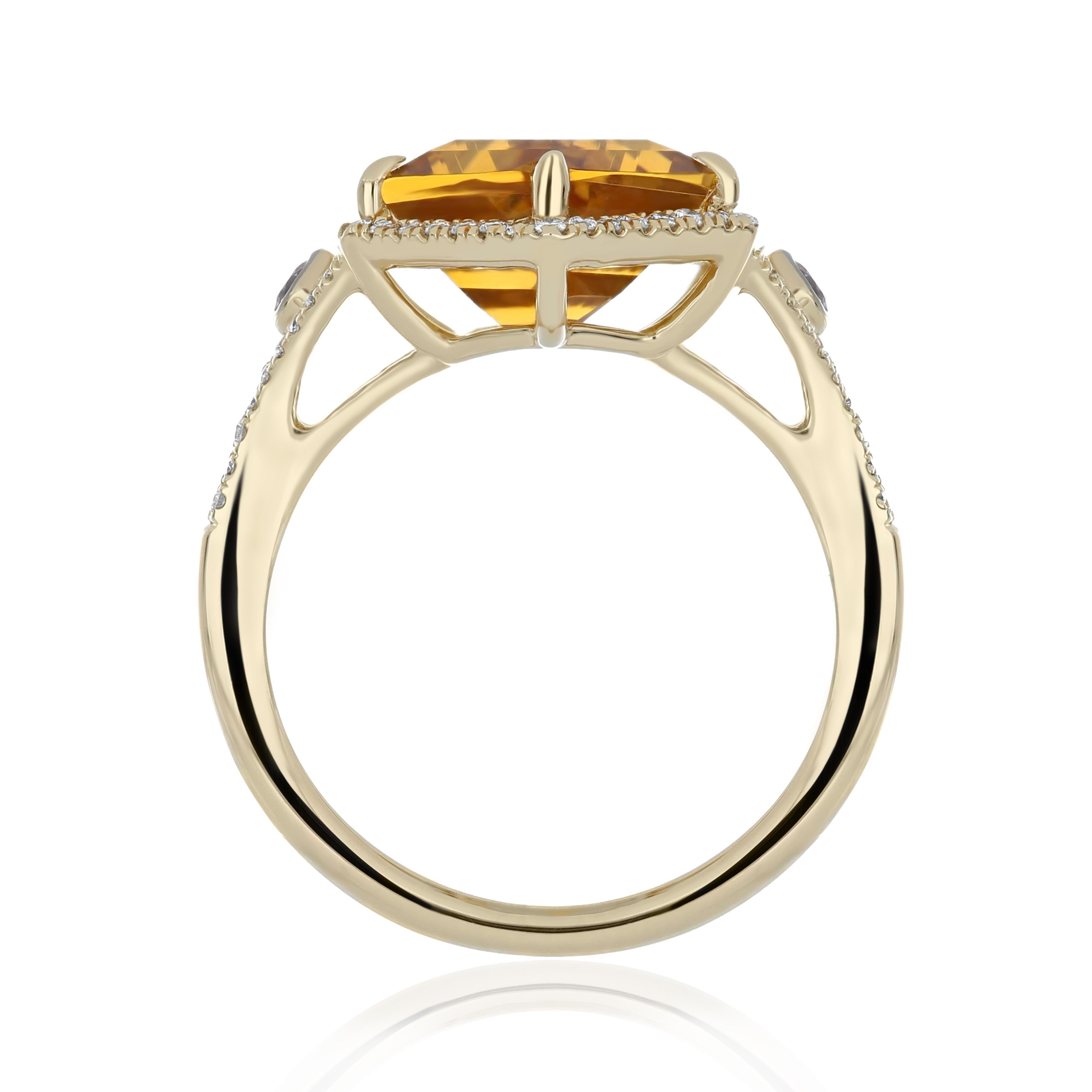 For Sale:  Citrine, Pink Sapphire and Diamond Studded Ring in 14 Karat Yellow Gold 6