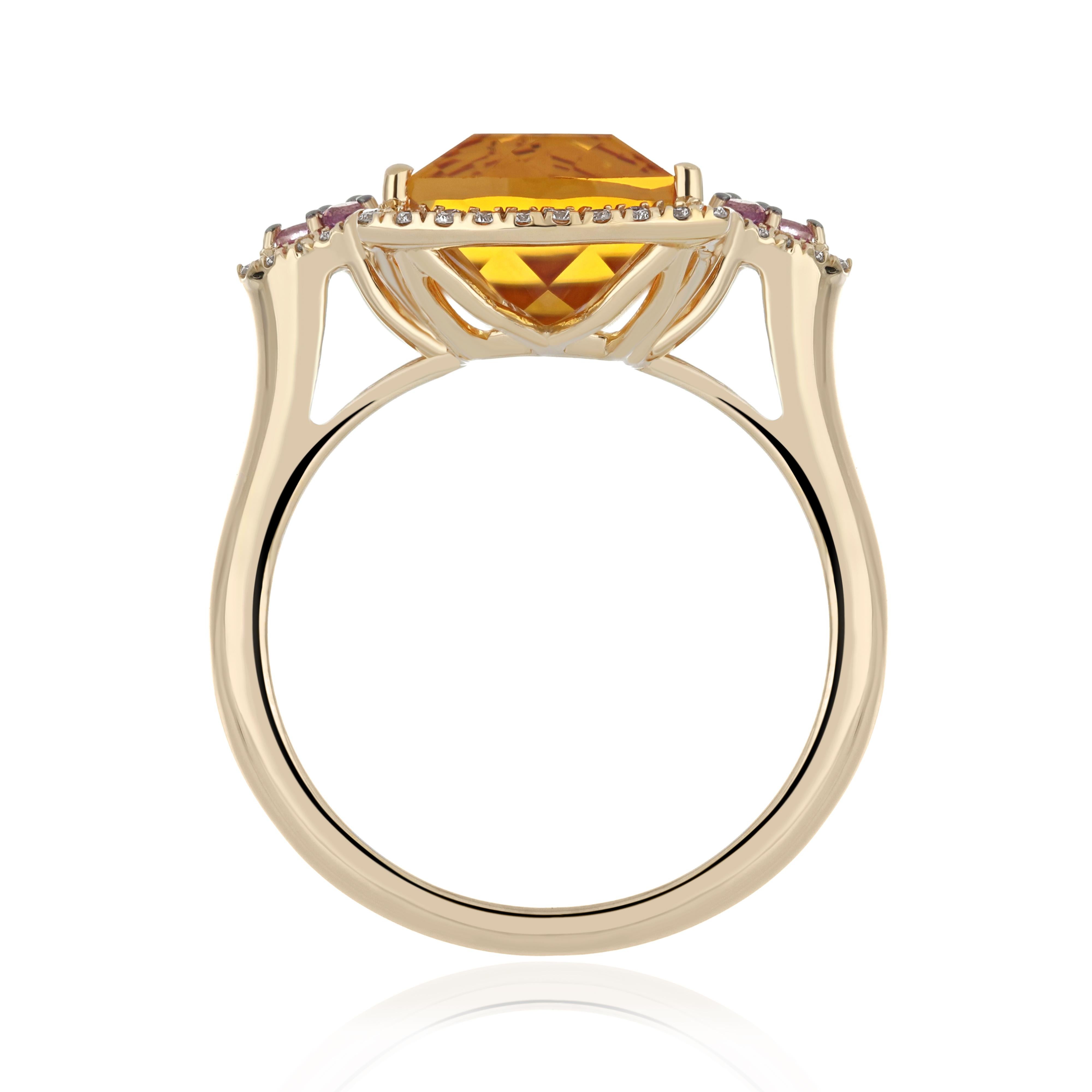 For Sale:  Citrine, Pink Sapphire and Diamond Studded Ring in 14 Karat Yellow Gold 6