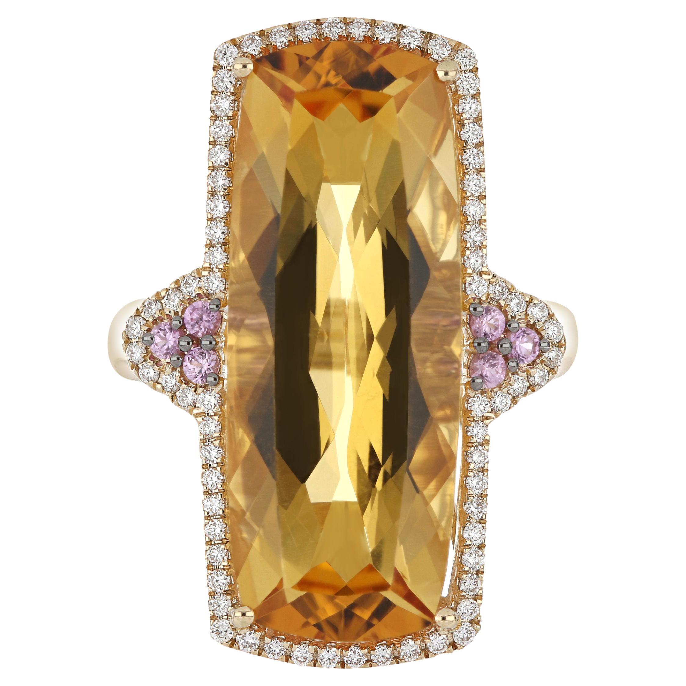 For Sale:  Citrine, Pink Sapphire and Diamond Studded Ring in 14 Karat Yellow Gold